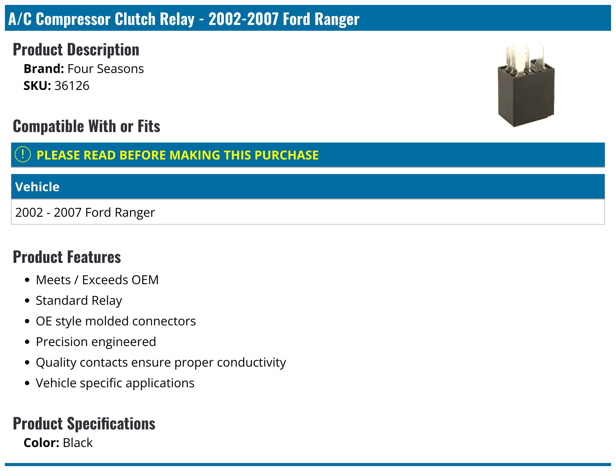 2002-2007 Ford Ranger A/C Compressor Clutch Relay - Four Seasons 36126 ...