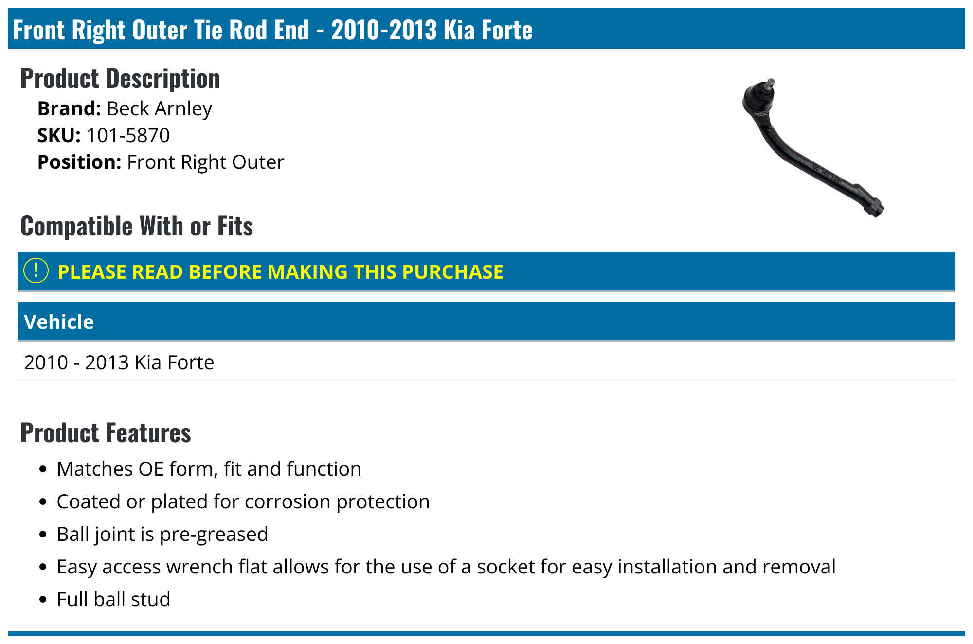 20102013 Kia Forte Tie Rod End Beck Arnley 1015870 Front Right