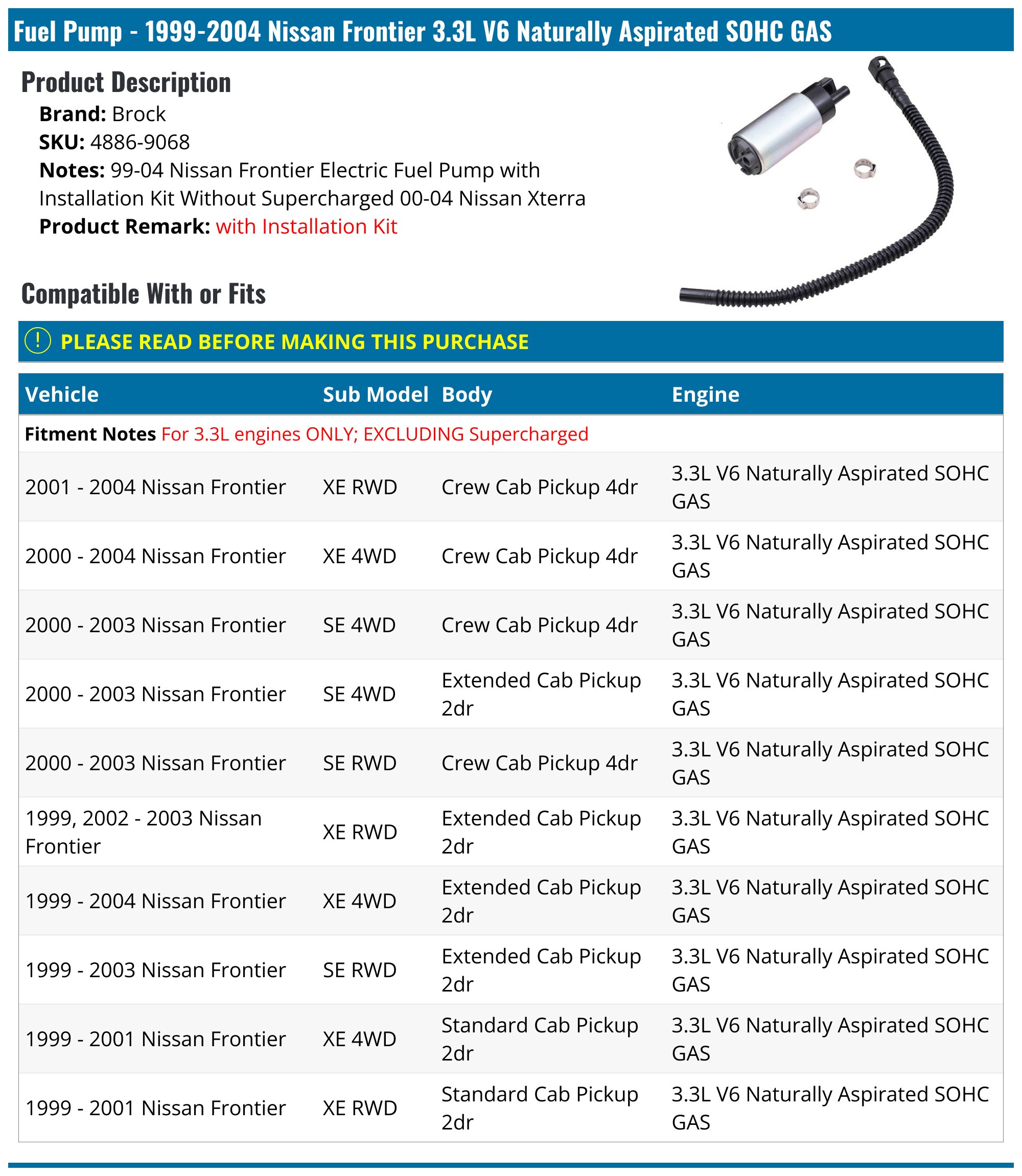 19992004 Nissan Frontier Fuel Pump Brock 48869068