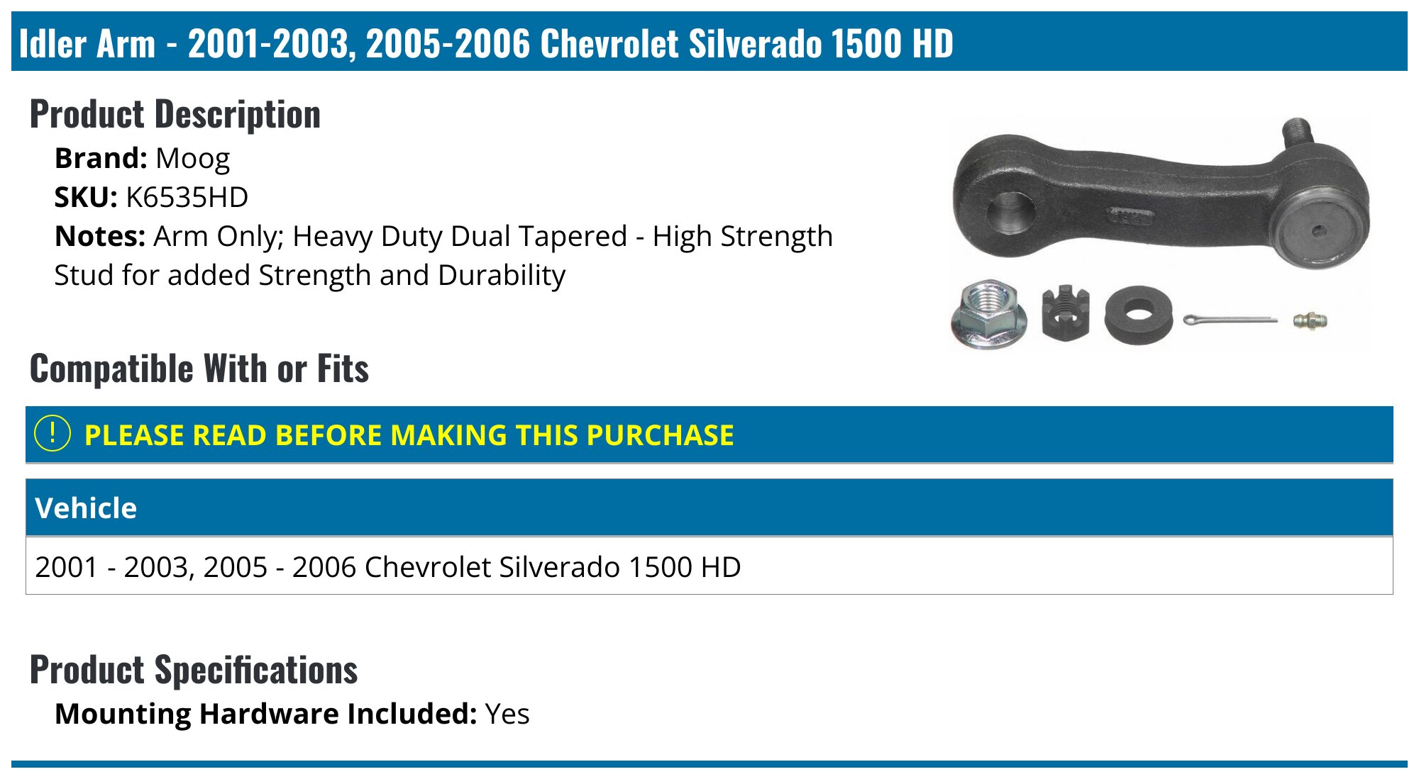 MOOG K6723 Front Steering Idler Arm Bracket Kit For Chevy Silverado GMC Sierra 2500 HD Escalade