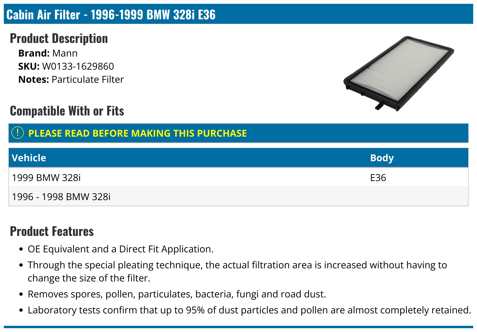 1996-1999 BMW 328i Cabin Air Filter - Mann W0133-1629860 - PartsGeek.com