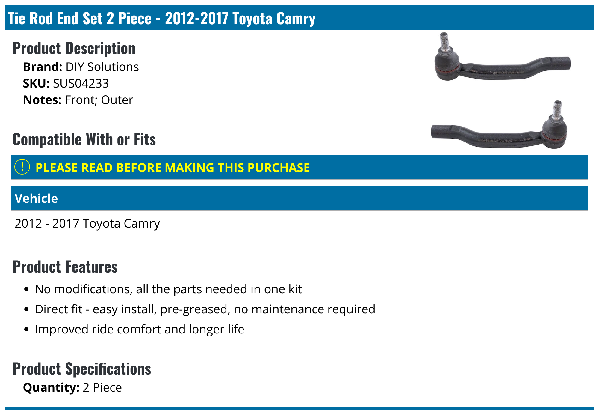 20122017 Toyota Camry Tie Rod End DIY Solutions SUS04233