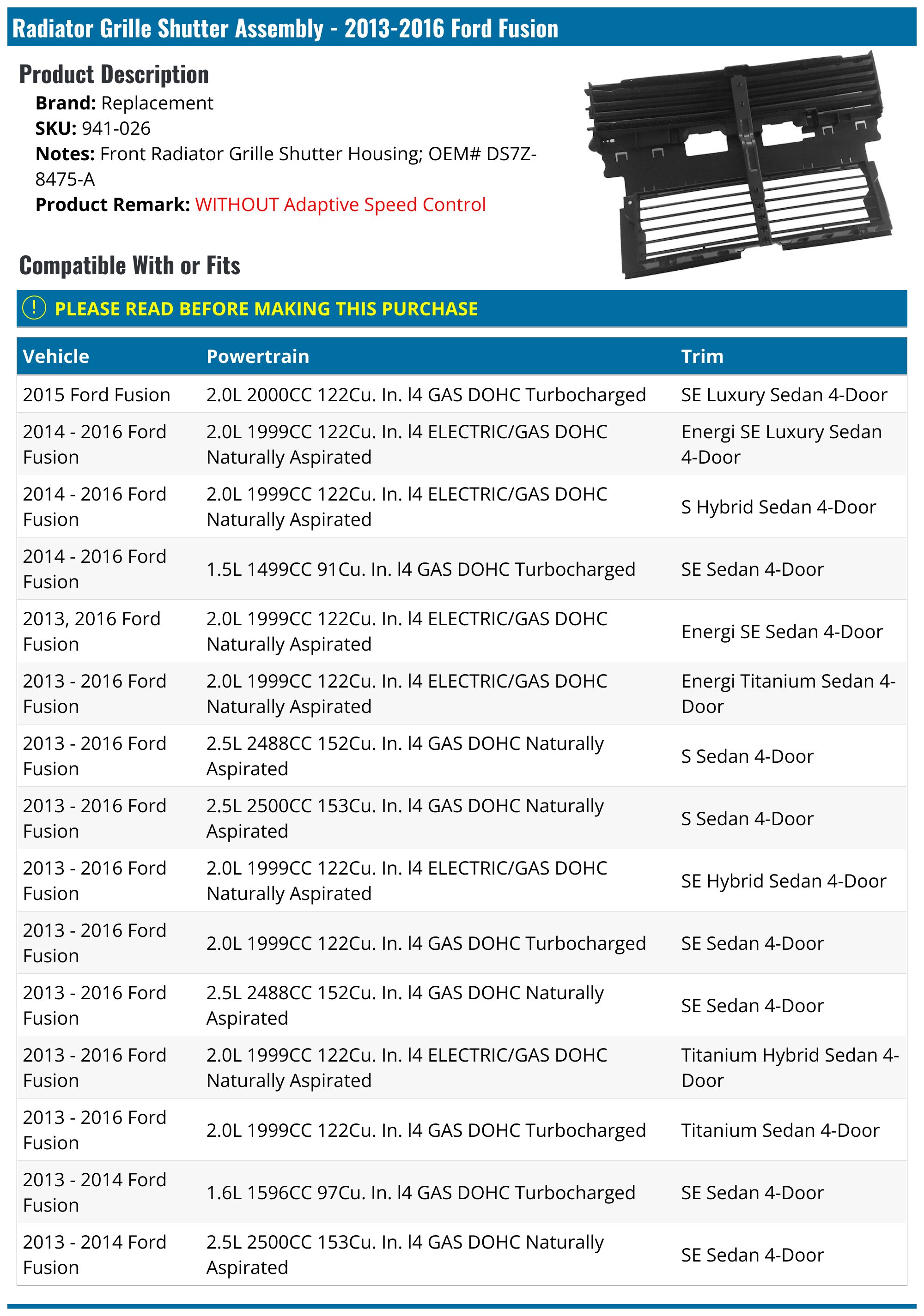 2013-2016 Ford Fusion Radiator Shutter Assembly - Replacement 941-026 ...