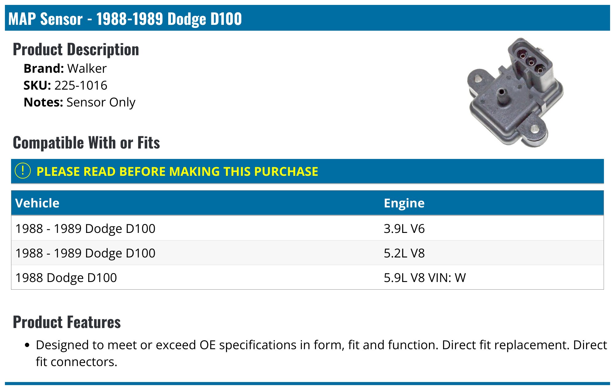 1988-1989 Dodge D100 MAP Sensor - Walker 225-1016 - PartsGeek.com