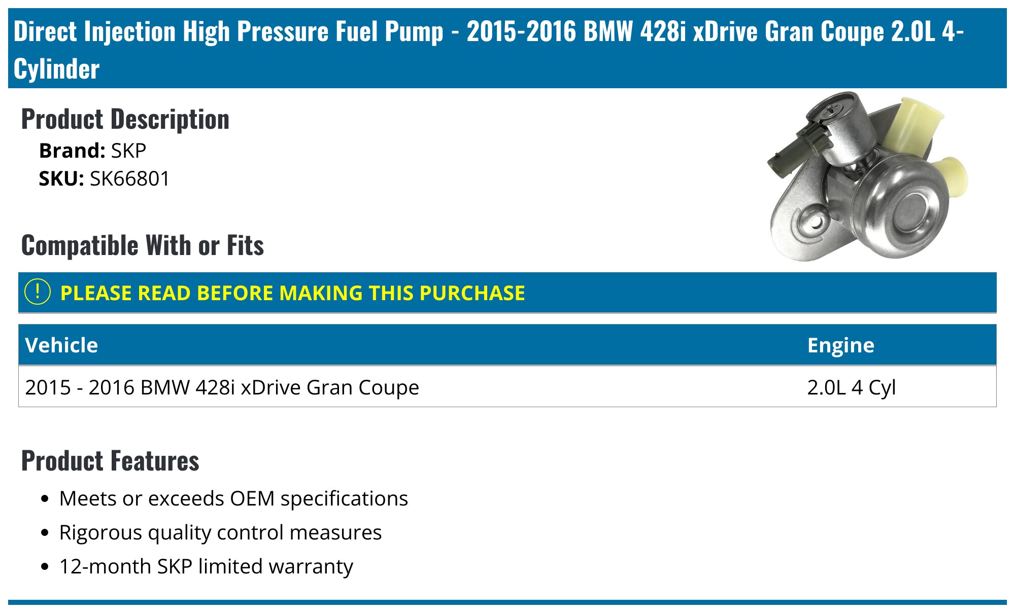 2015-2016 BMW 428i xDrive Gran Coupe Fuel Pump - SKP SK66801 ...