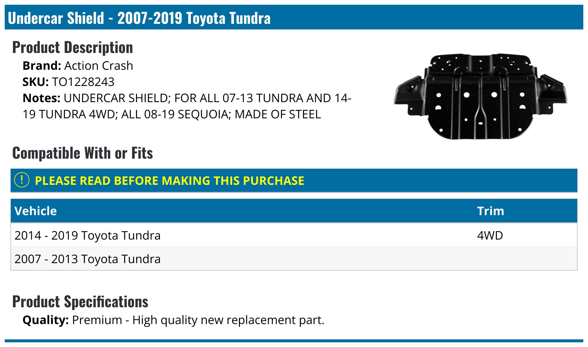 2007-2019 Toyota Tundra Lower Engine Cover - Action Crash TO1228243