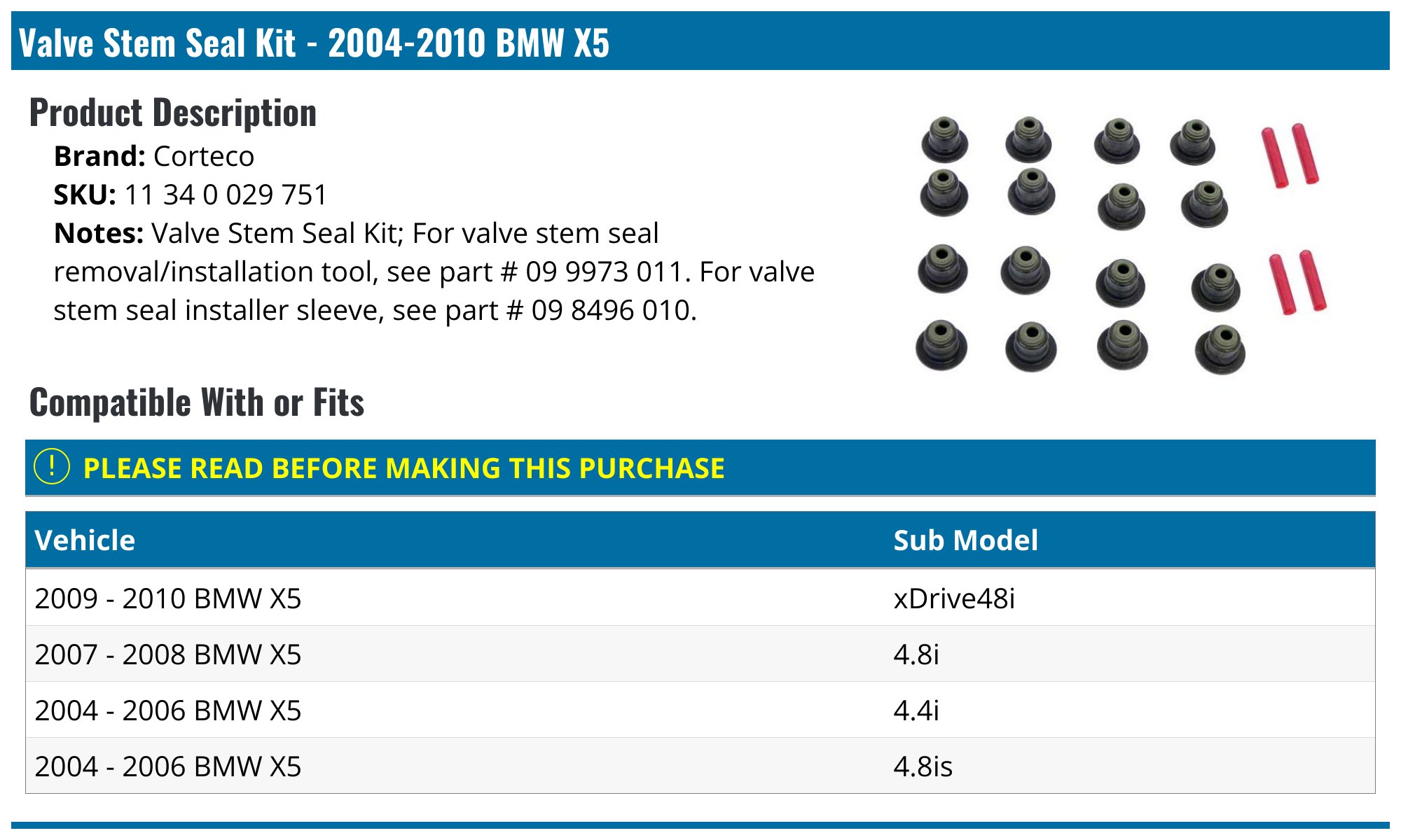 20042010 BMW X5 Valve Stem Seal Kit Corteco 11 34 0 029 751