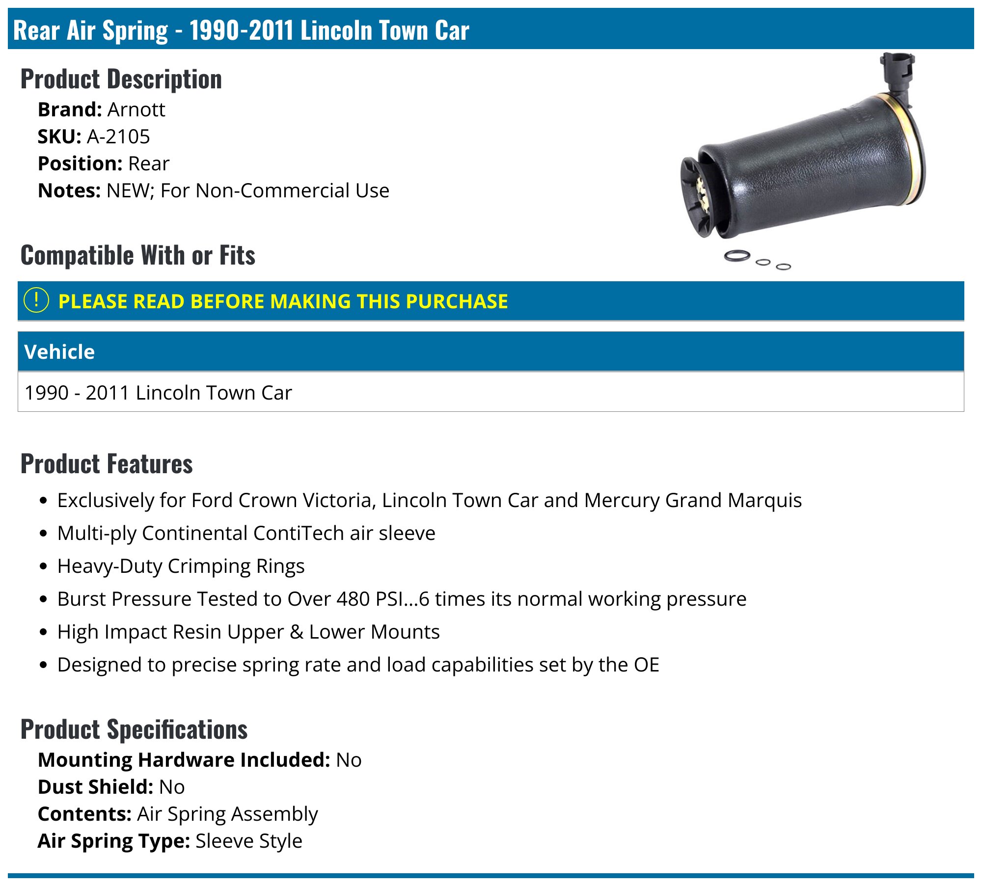 For 1990-2011 Lincoln Town Car Air Spring Rear 61586DF 1999 2005 2000 2006 2001