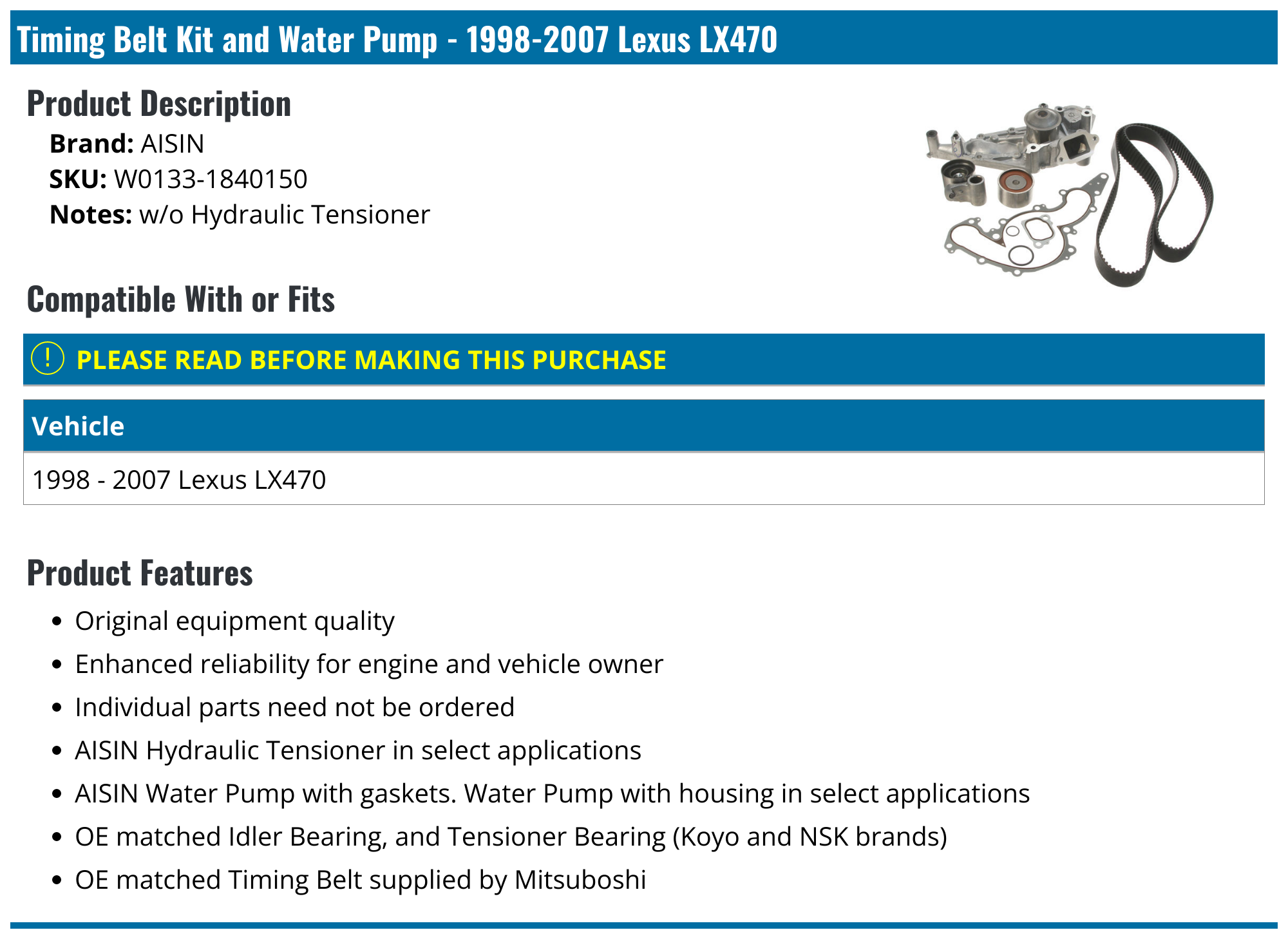 19982007 Lexus LX470 Timing Belt AISIN W01331840150