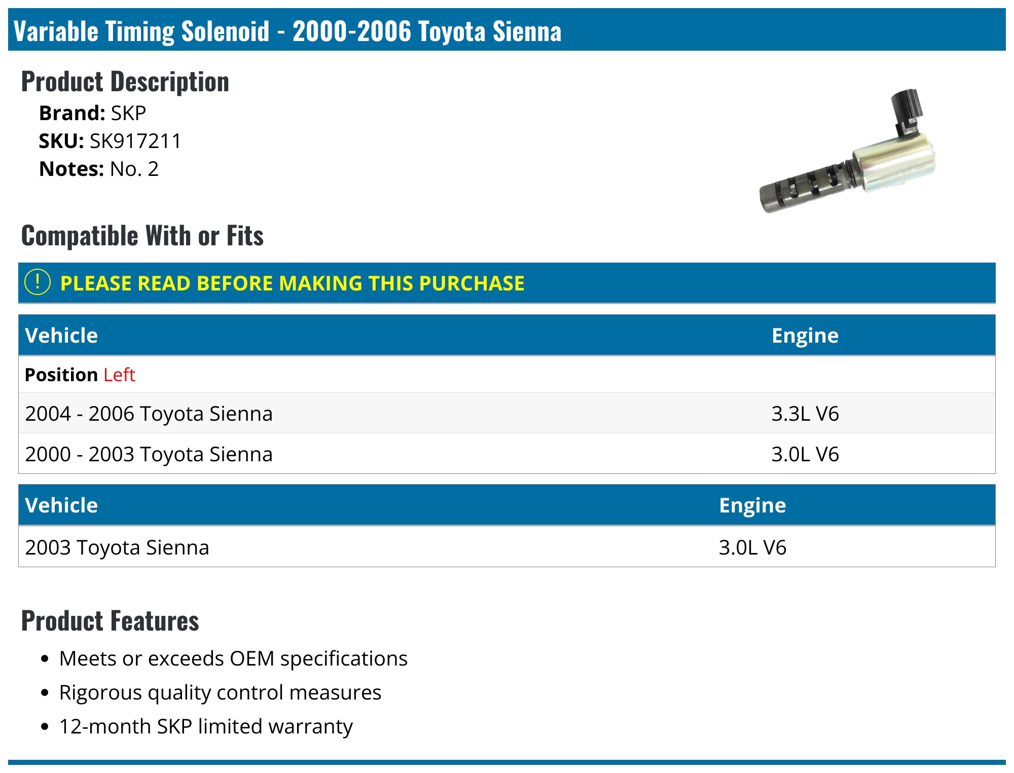 Variable Valve 3mz Timing Marks 1MZ FE 2MZ FE Engine High Quality