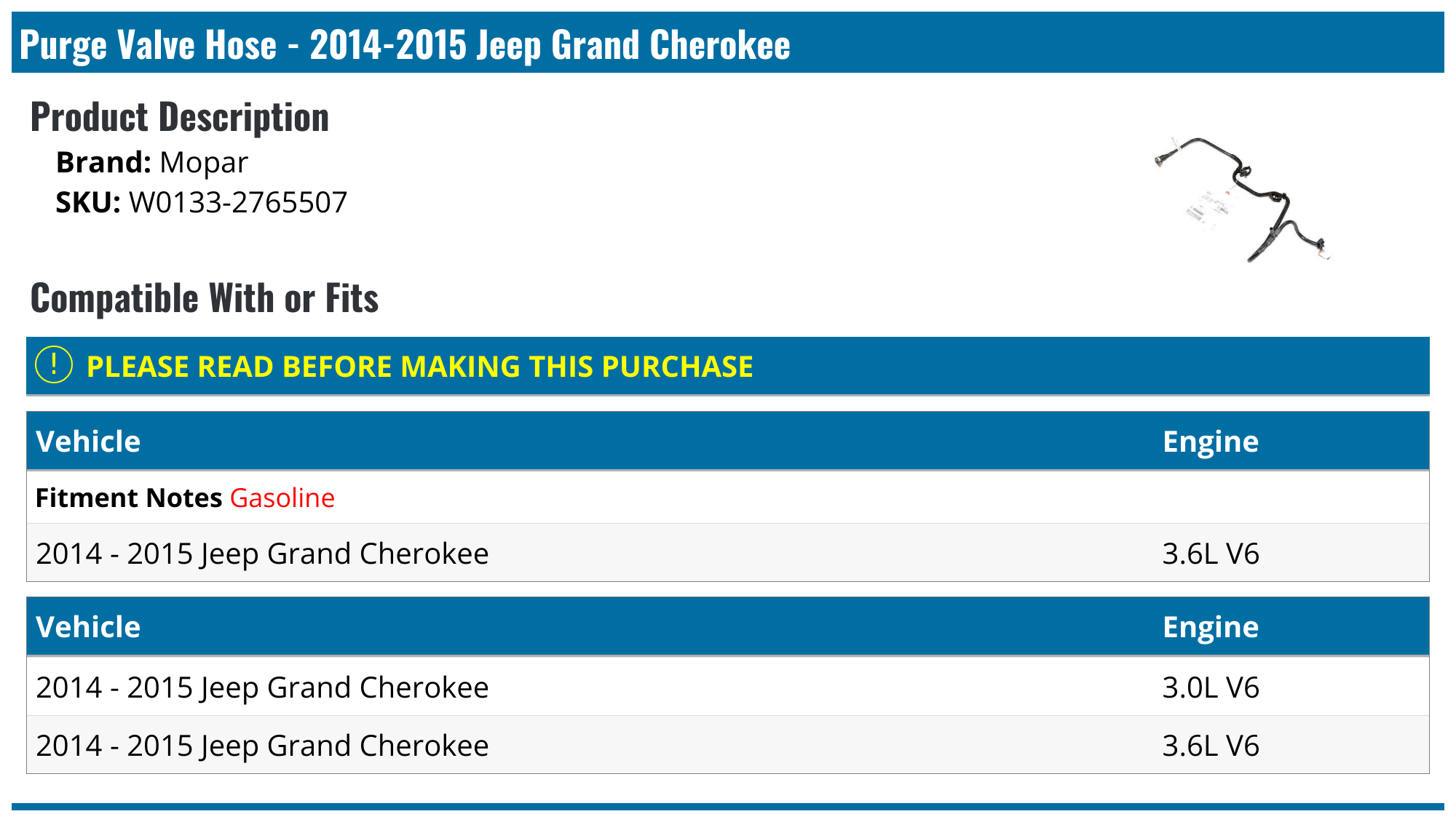 20142015 Jeep Grand Cherokee Purge Valve Hose Mopar W01332765507