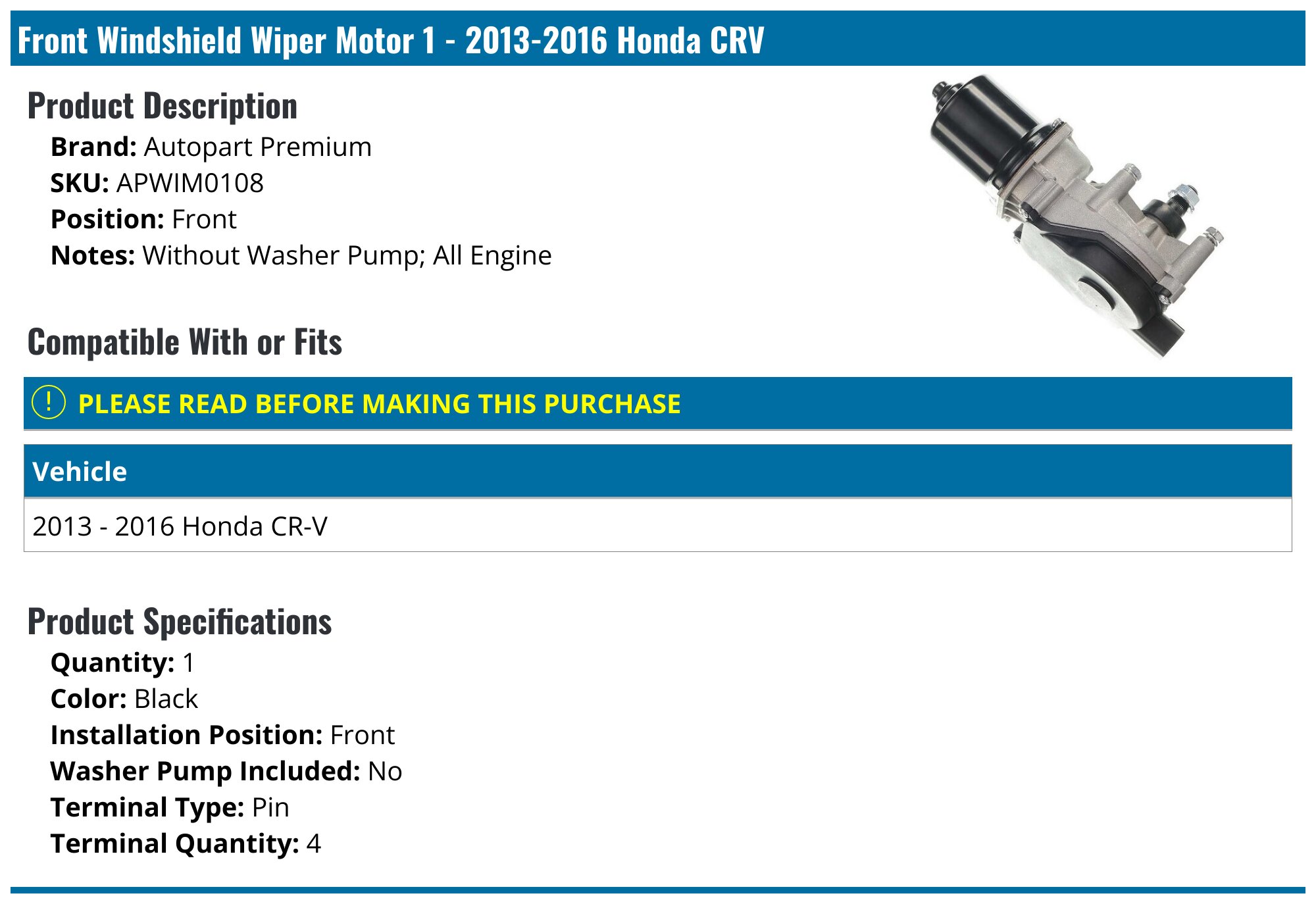 Windshield Washer Pump Fit 2007-2011 Honda CR-V 2.4L – 76806-SMA-J02