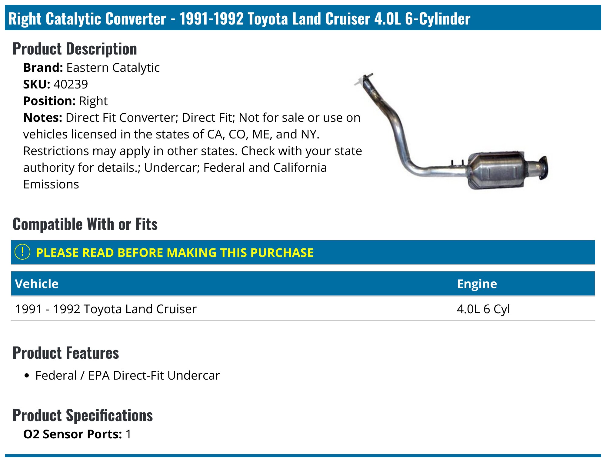 1991-1992 Toyota Land Cruiser Catalytic Converter - Eastern