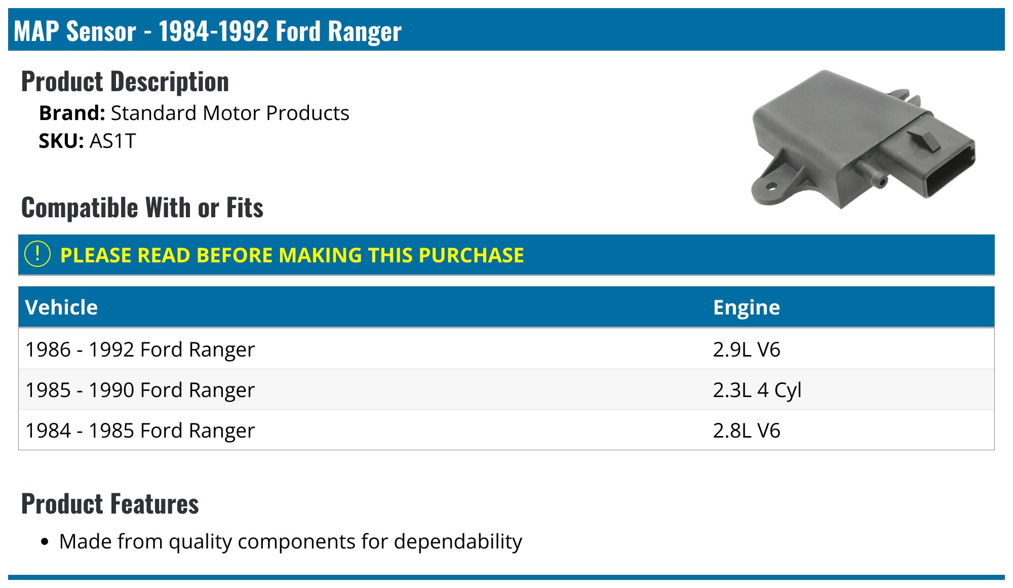 94 Ranger Map Sensor 1984-1992 Ford Ranger MAP Sensor - Standard Motor Products AS1T ...