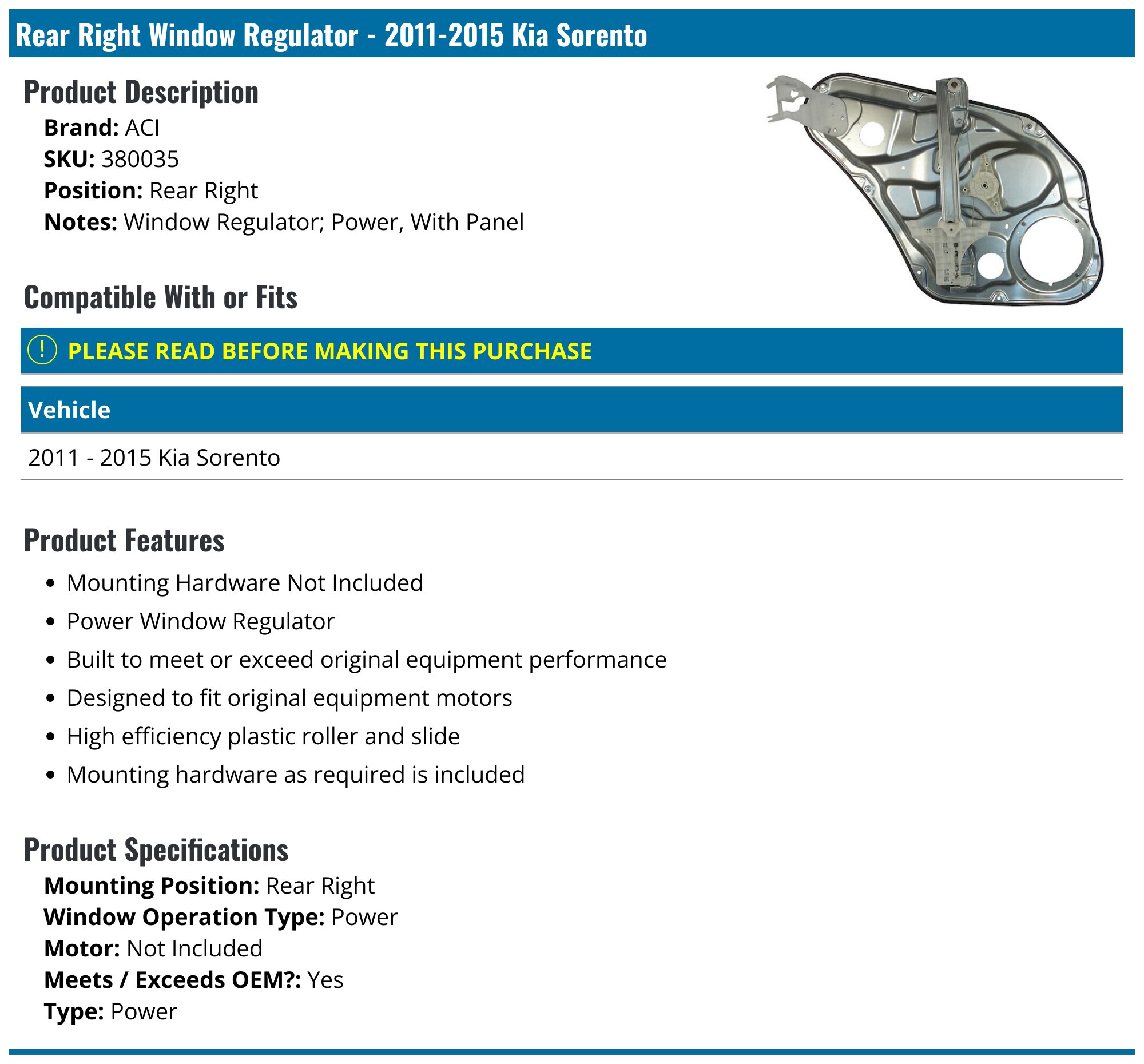 Power Window Regulator With Motor For Kia Sorento 2003-2009 – Front Right Passenger Side