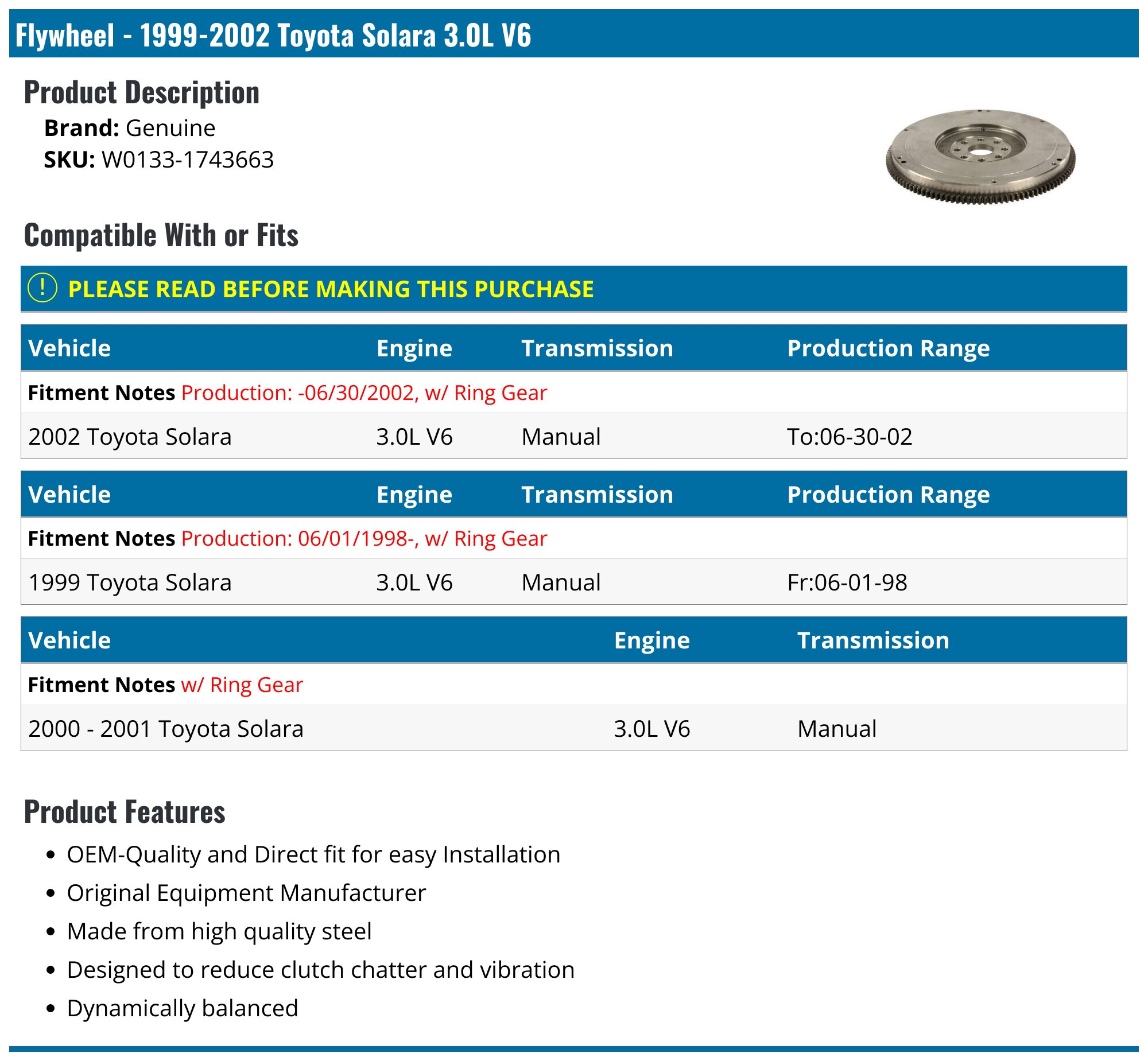 1999-2002 Toyota Solara Flywheel - Genuine W0133-1743663 - PartsGeek.com