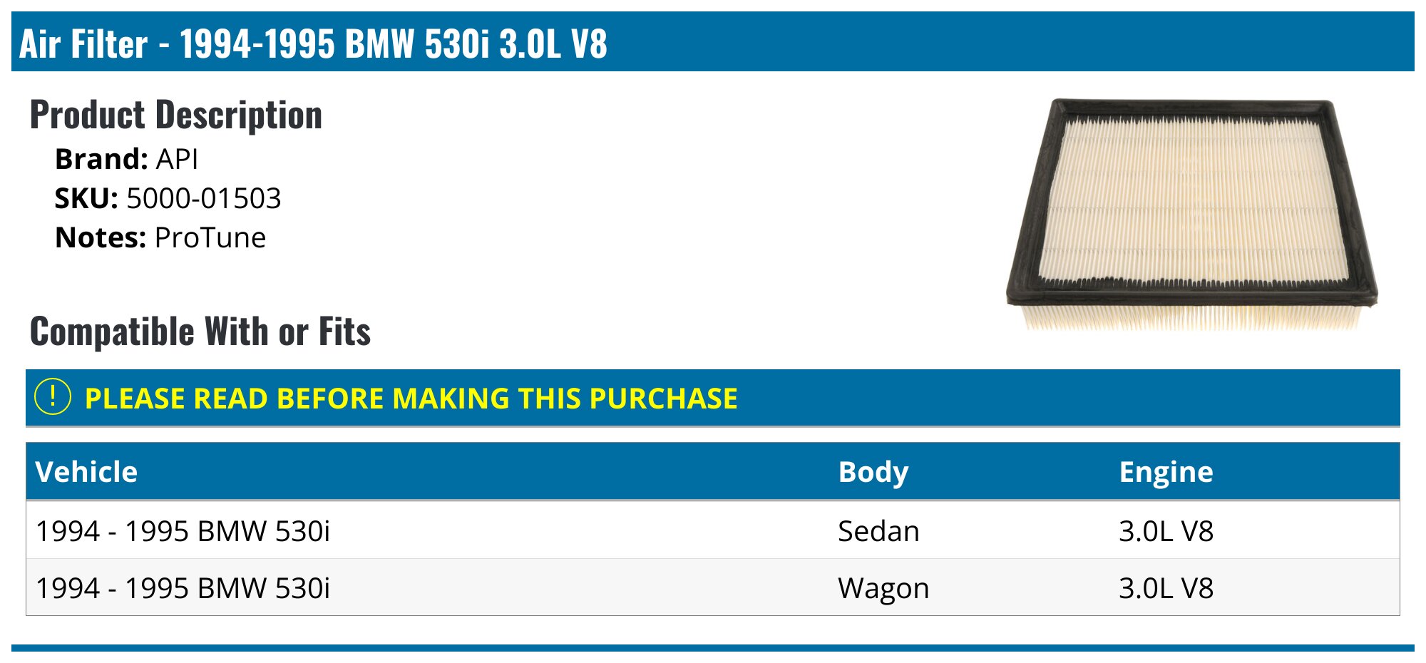1994-1995 BMW 530i Air Filter - API 1052-07965283 - PartsGeek.com