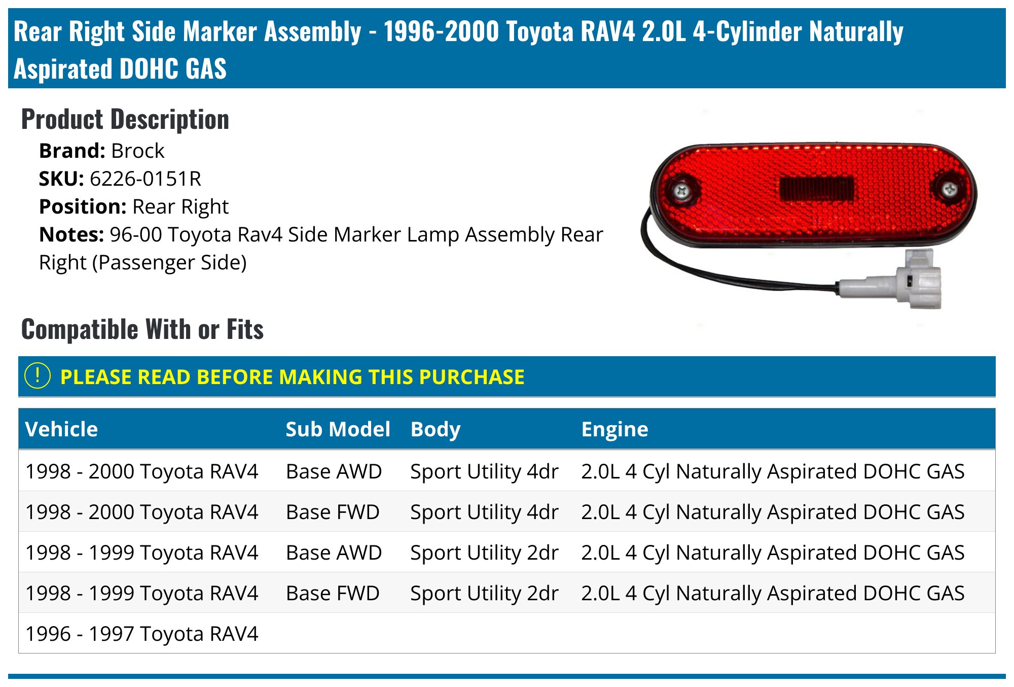 Pair Of Rear Side Marker Lights For 1996-2000 Toyota RAV4 - Direct OE Replacement (8175042010 8176042010)