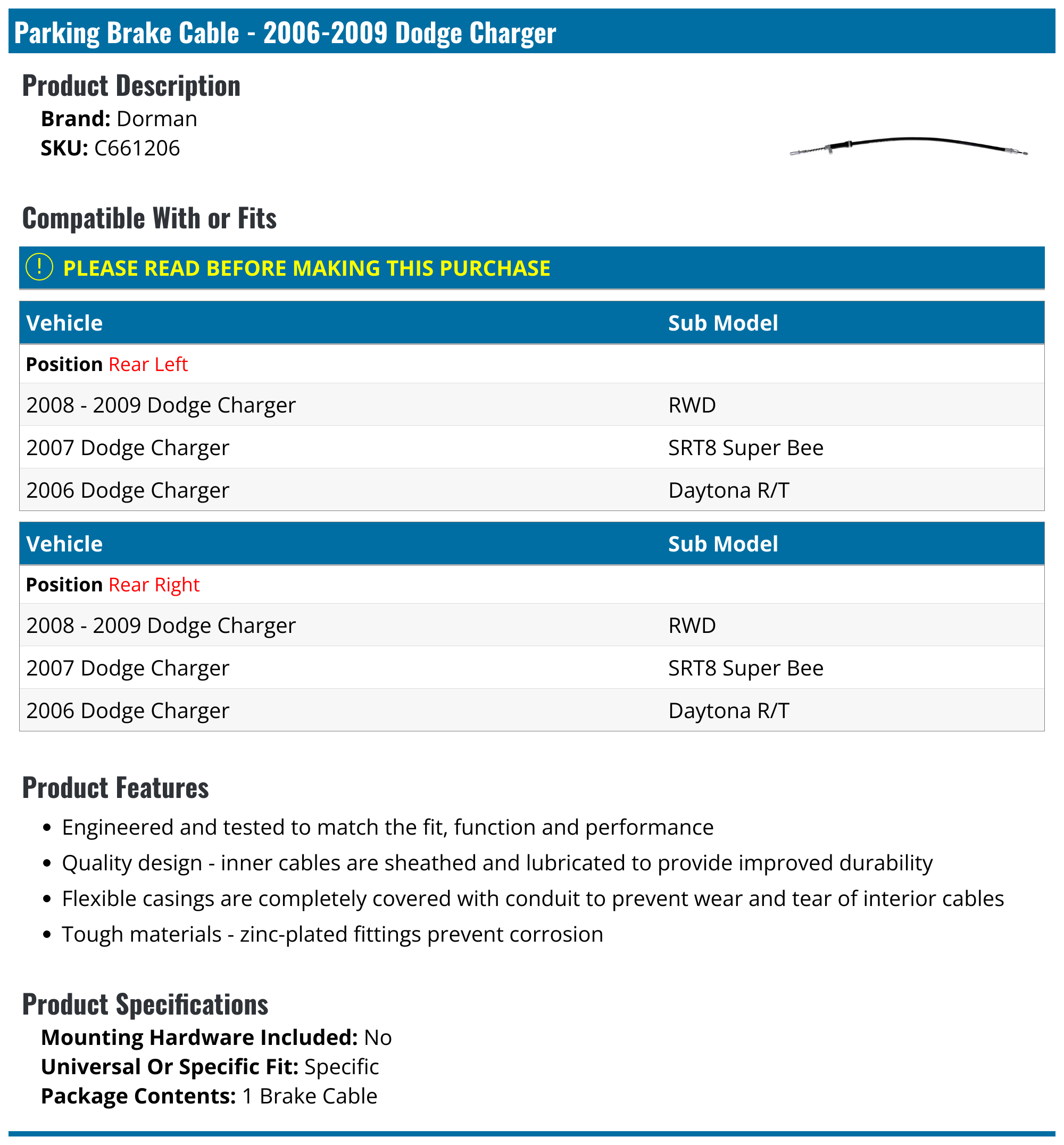 20062009 Dodge Charger Parking Brake Cable Dorman C661206 Rear