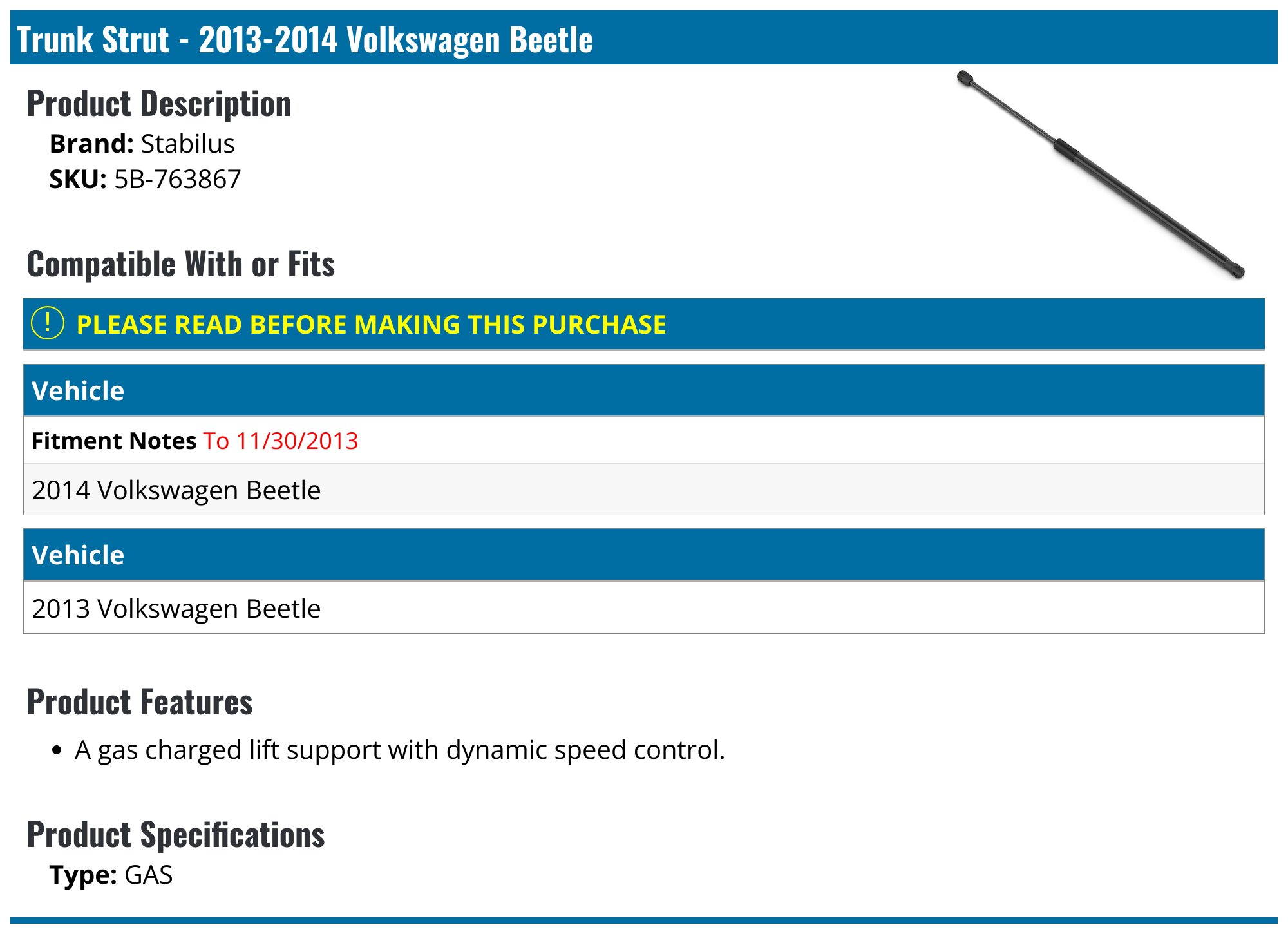 Rear Trunk Lift Supports For Volkswagen Beetle Convertible | Set Of 2 | 512N, 7.68" Extended | Autopartsclub2018