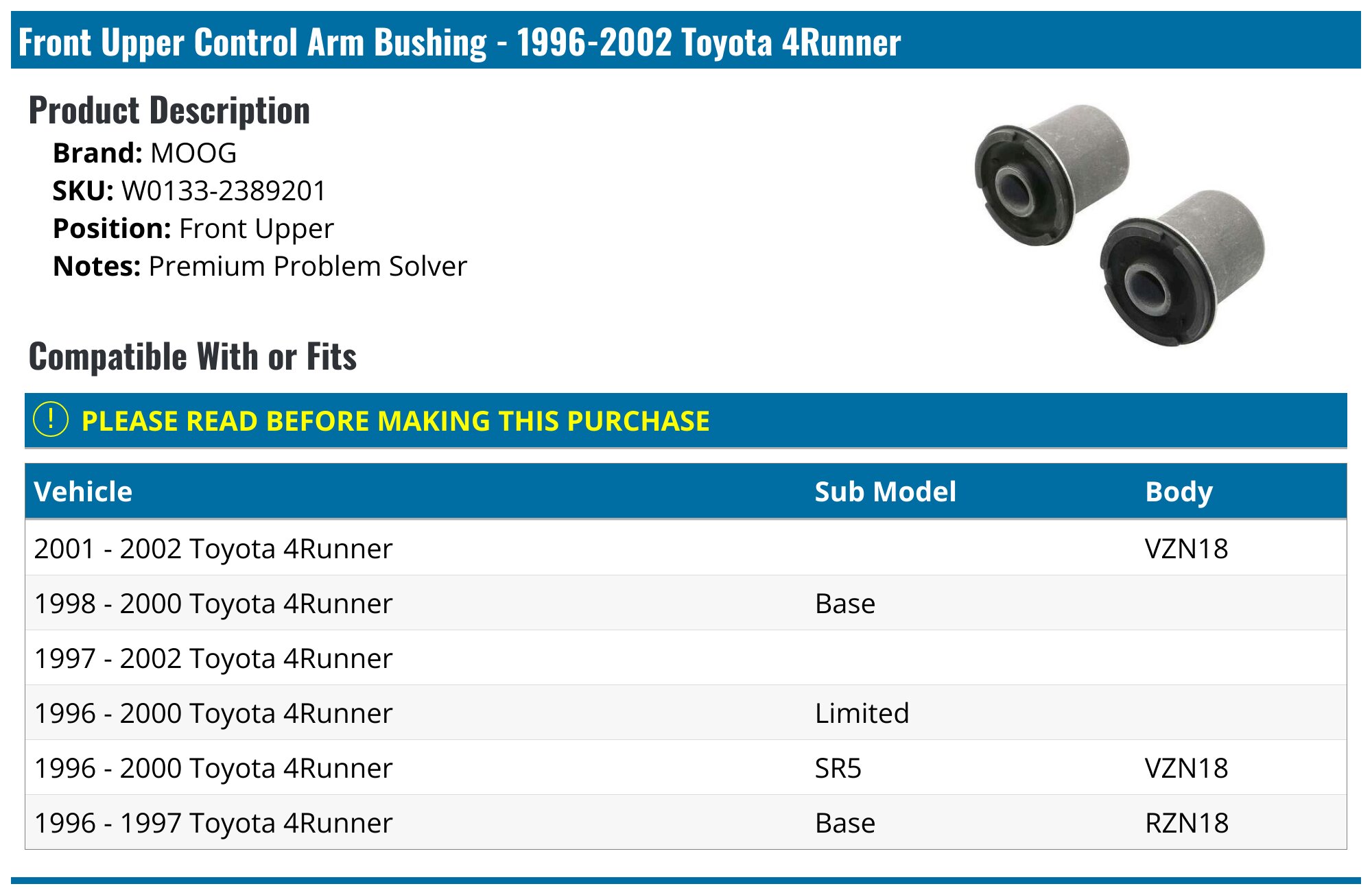 Toyota 4Runner Front Upper Control Arm Bushings (Set Of 4) – OEM 48632-35080 – 1996-2002