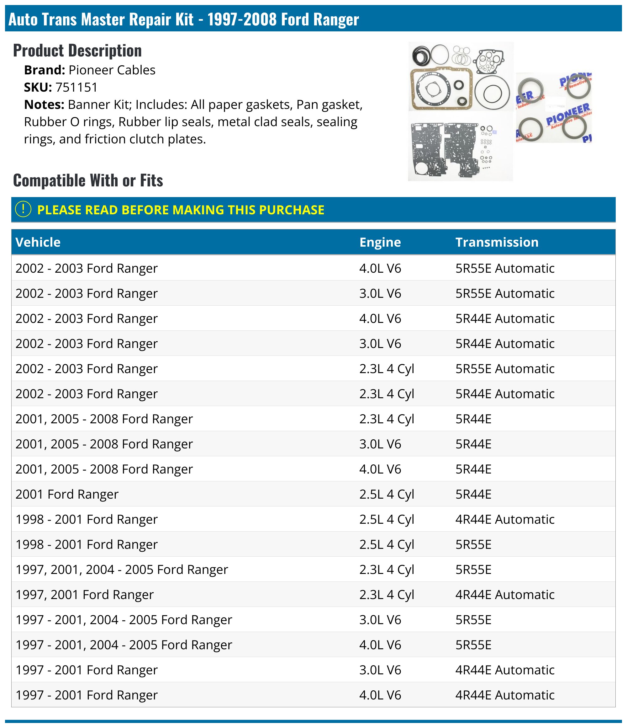 Ford Ranger 2007 Engine Fix Kit 1997-2008 Ford Ranger Auto Trans Master Repair Kit - Pioneer Cables ...