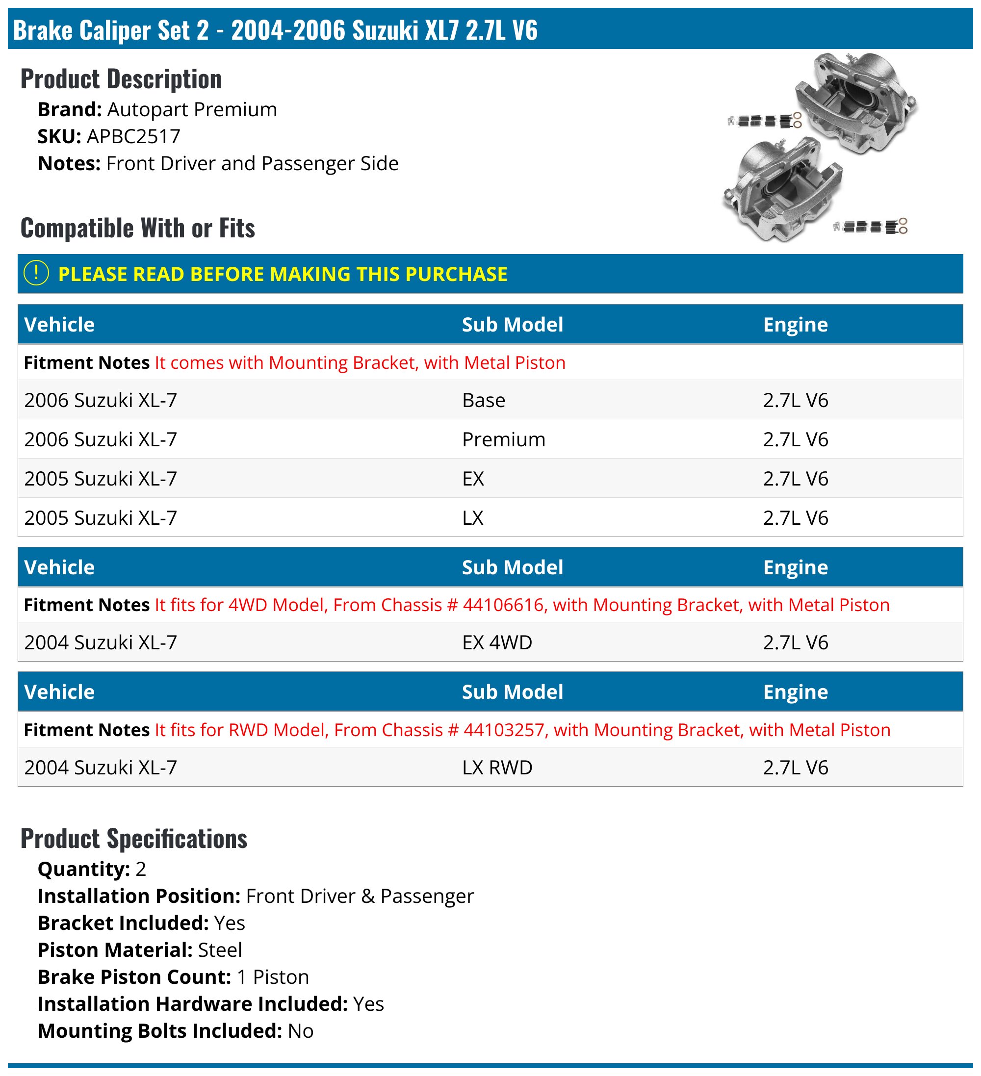 Suzuki XL7 Brake Caliper - Brake Calipers - Autopart Premium TRQ ...