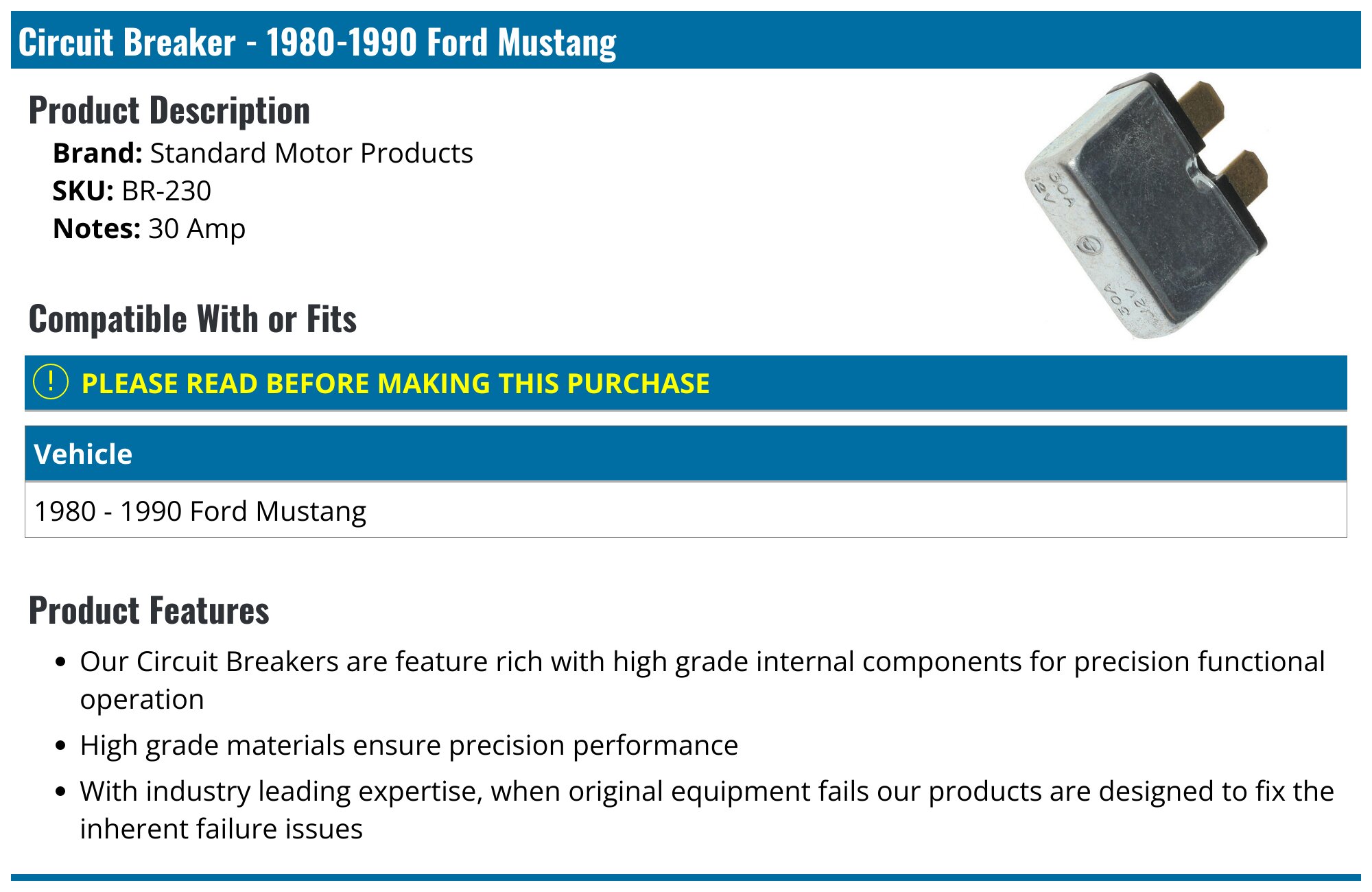 Sw8850 1980-1990 Ford Mustang Circuit Breaker - Standard Motor Products BR-230 ...
