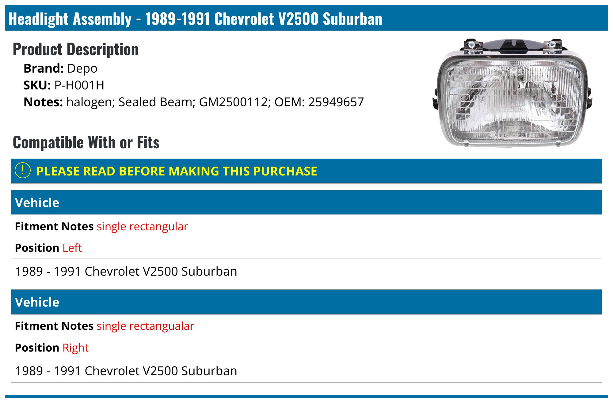 1989-1991 Chevrolet V2500 Suburban Headlight Assembly - Depo P-H001H ...
