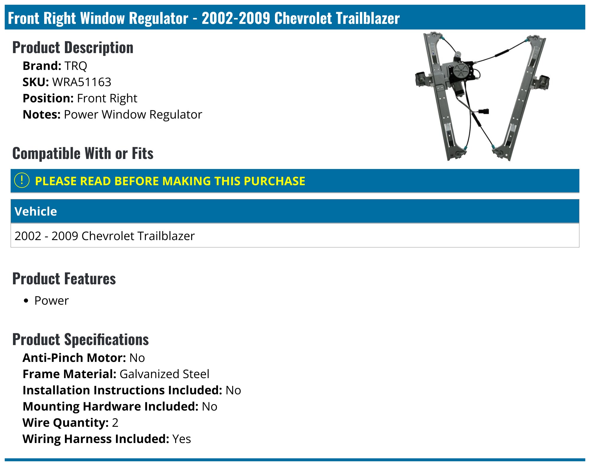 ECCPP Front Driver Side Window Regulator With Motor For Chevrolet Trailblazer 2002-2009