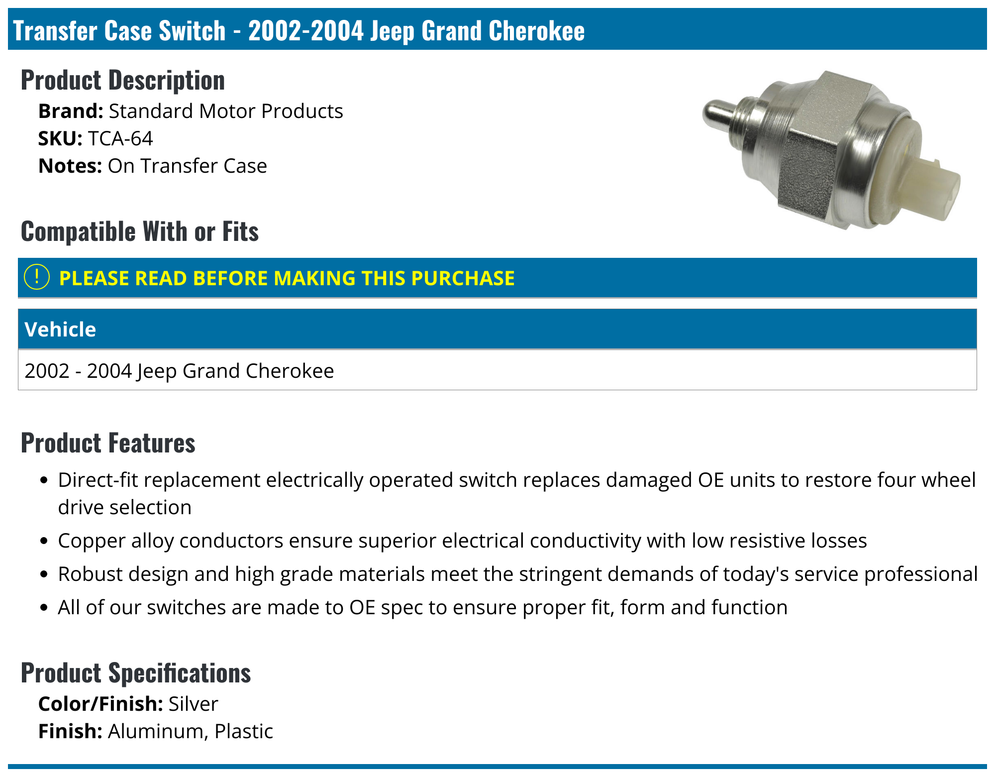 20022004 Jeep Grand Cherokee Transfer Case Switch Standard Motor