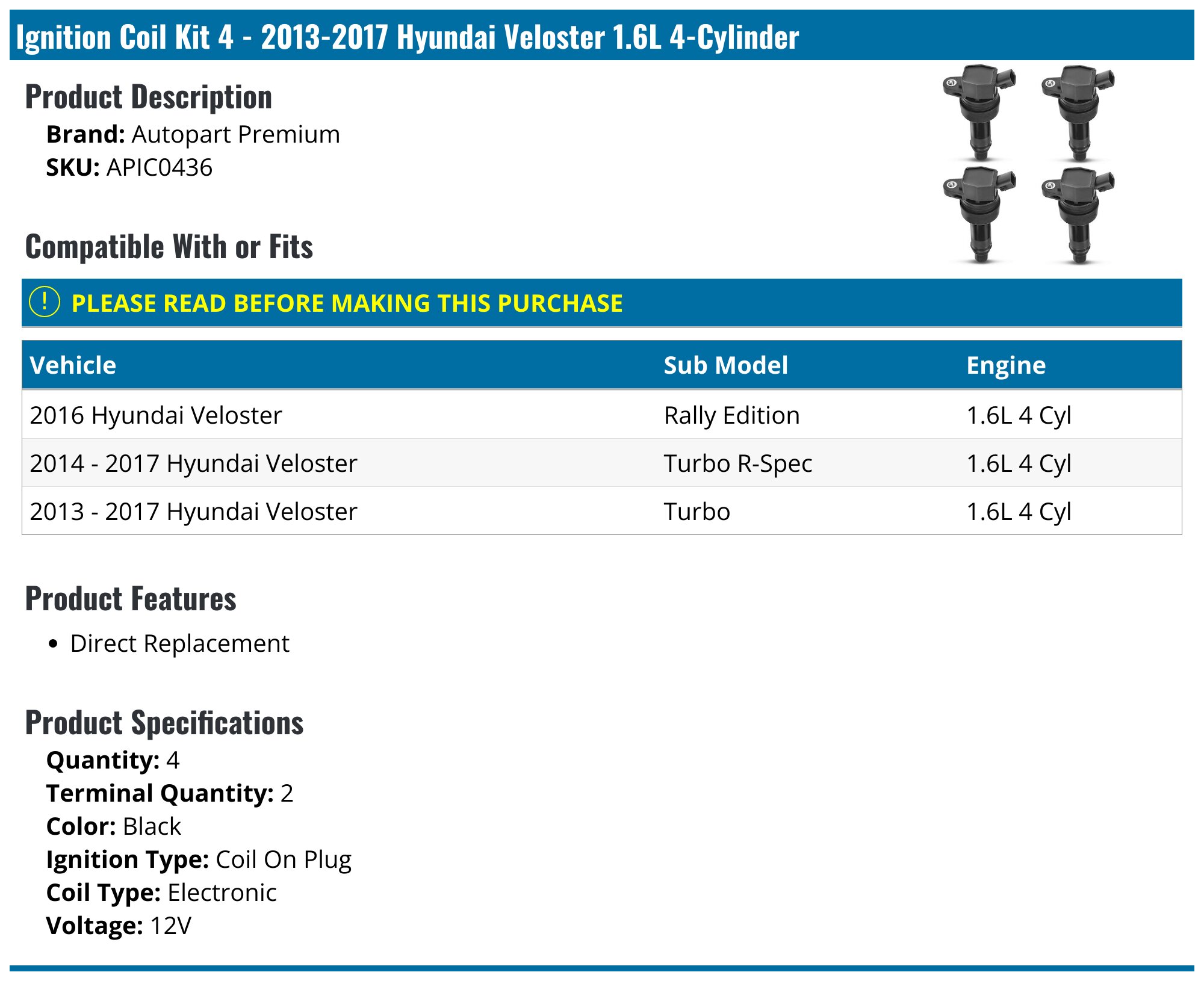 Ignition Coil Packs Of 4 Fits For L4 1.6L 2012 2013 2014 2015 2016 2017 Kia Rio Soul Hyundai Accent Veloster 1.6 Coils Replaces# UF652 C1803 In Kenya | Coil Packs - Foto 10