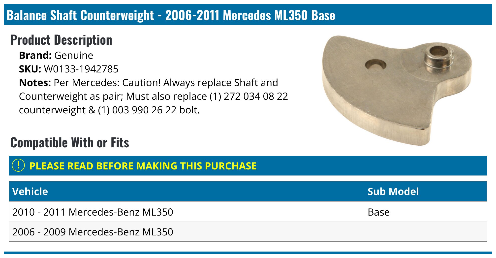 20062011 Mercedes ML350 Balance Shaft Counterweight Genuine W01331942785