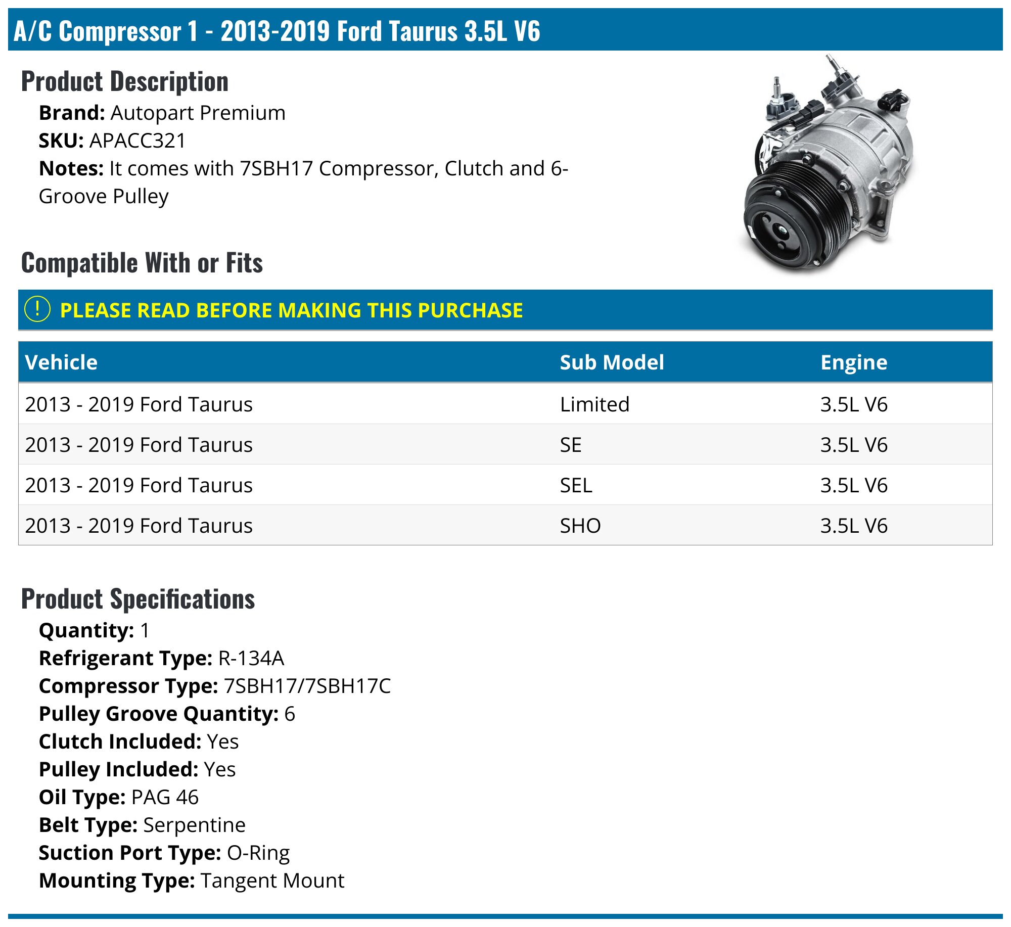 2013-2019 Ford Taurus A/C Compressor - Autopart Premium APACC321 ...