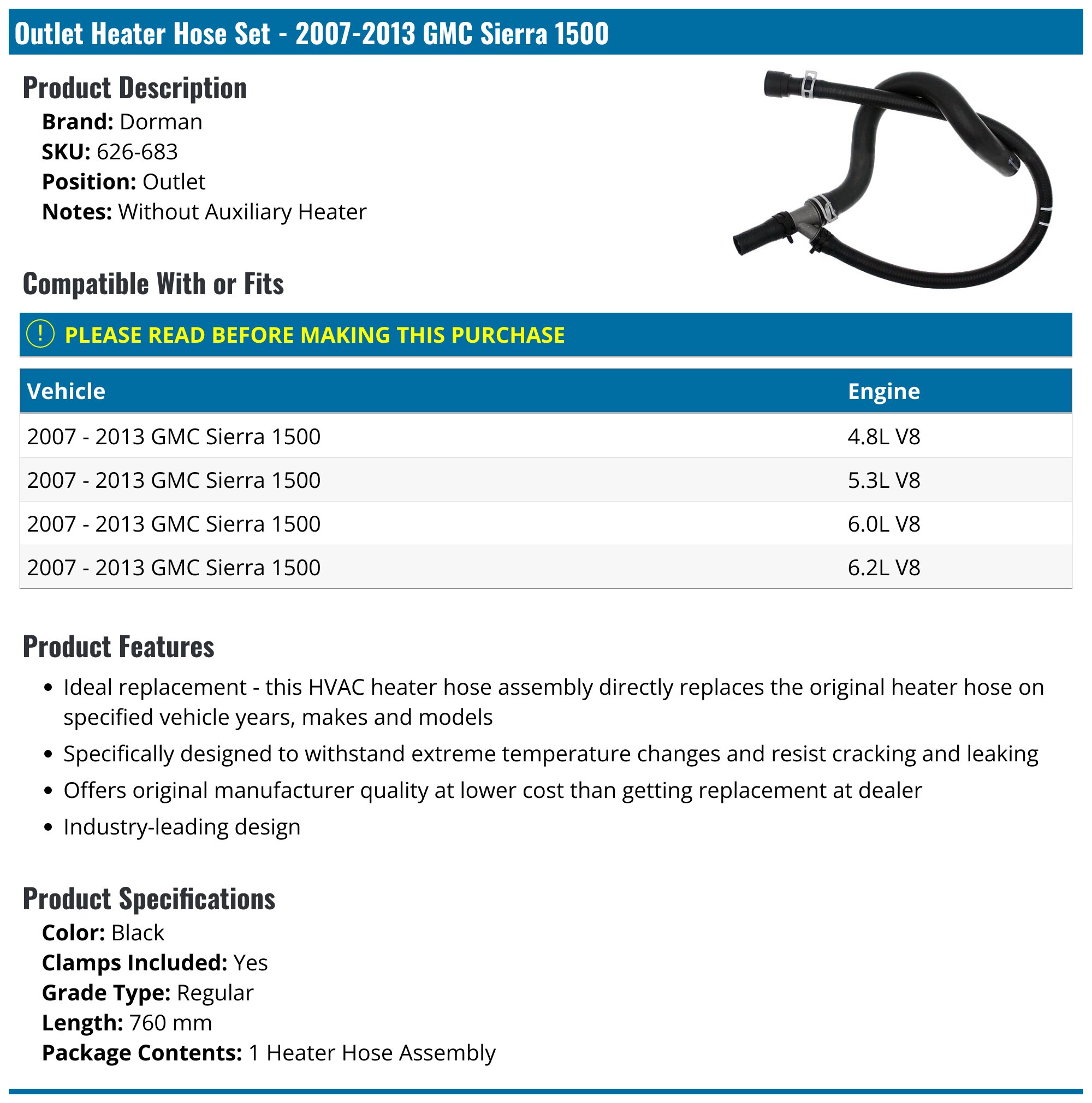 2007-2013 GMC Sierra 1500 Heater Hose - Dorman 626-683 - Outlet ...