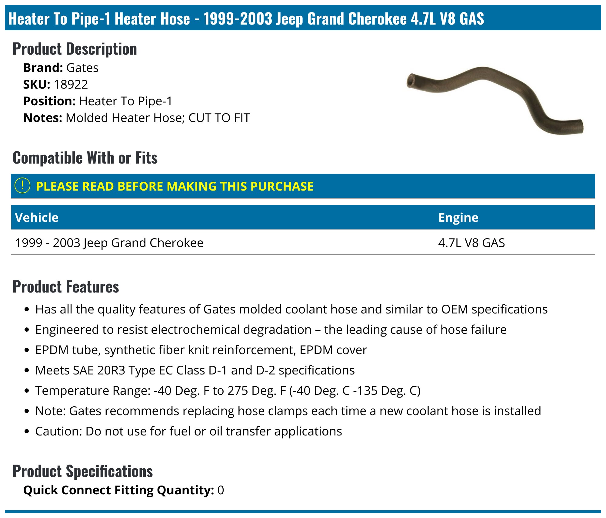 Gates 18290 Premium Molded Heater Hose