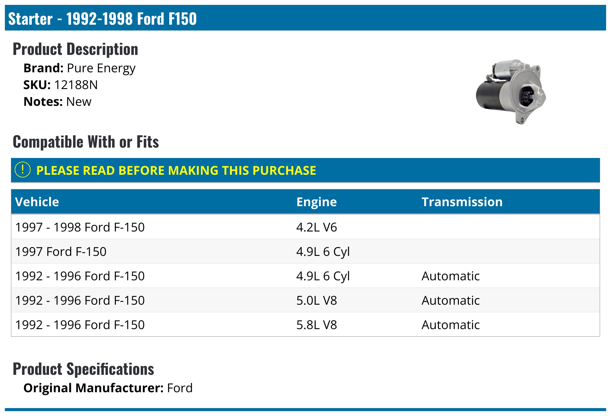 19921998 Ford F150 Starter Pure Energy 12188N