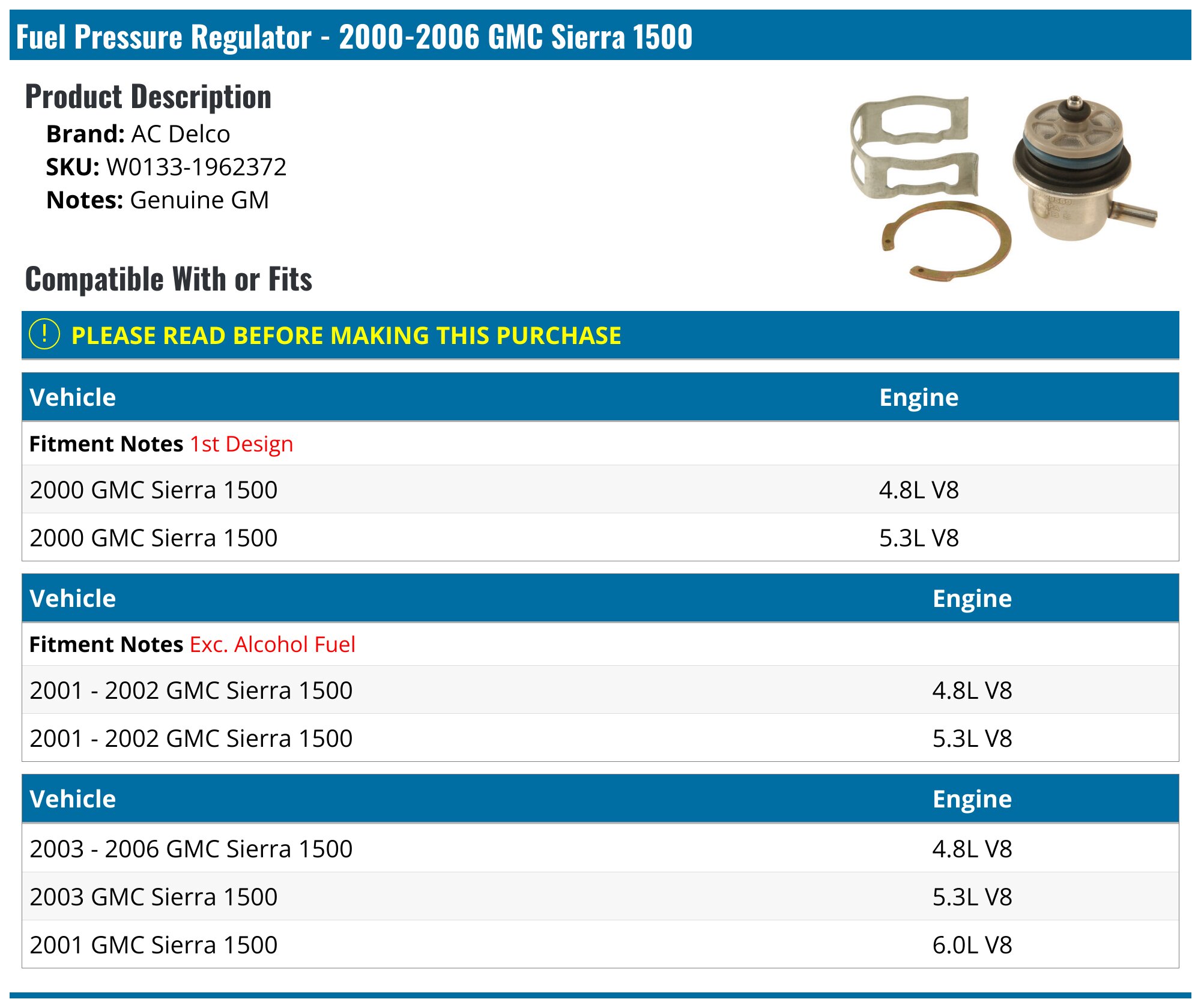20002006 GMC Sierra 1500 Fuel Pressure Regulator AC Delco W0133