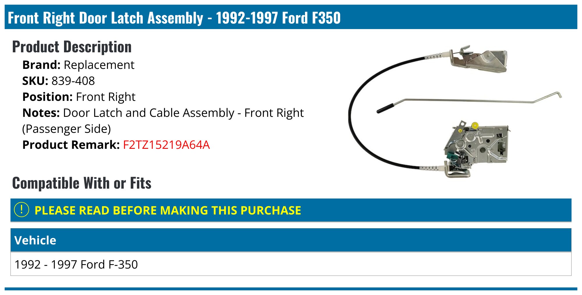 19921997 Ford F350 Door Latch Assembly Replacement 839408 Front