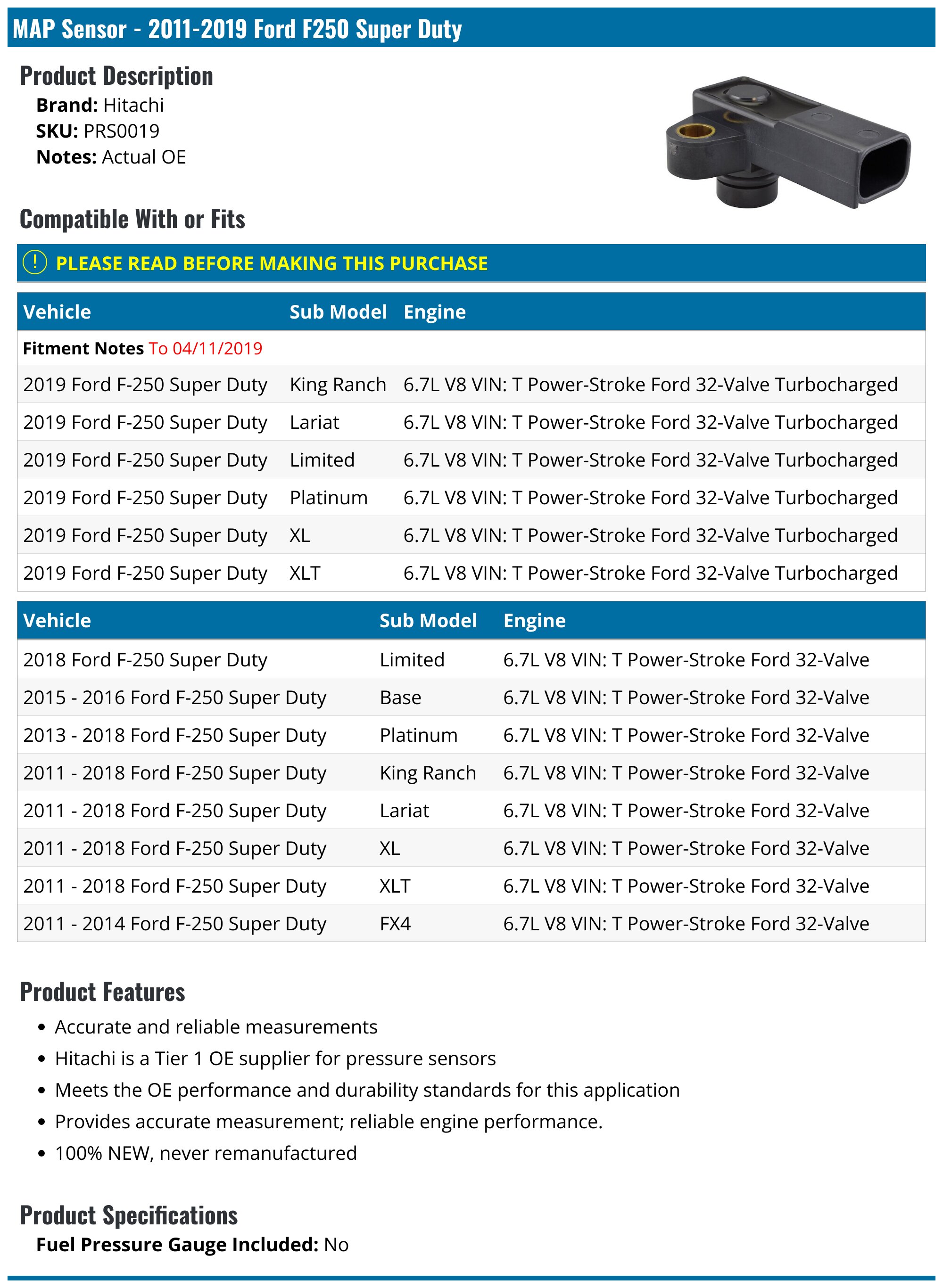 2011-2019 Ford F250 Super Duty MAP Sensor - Hitachi PRS0019 - PartsGeek.com