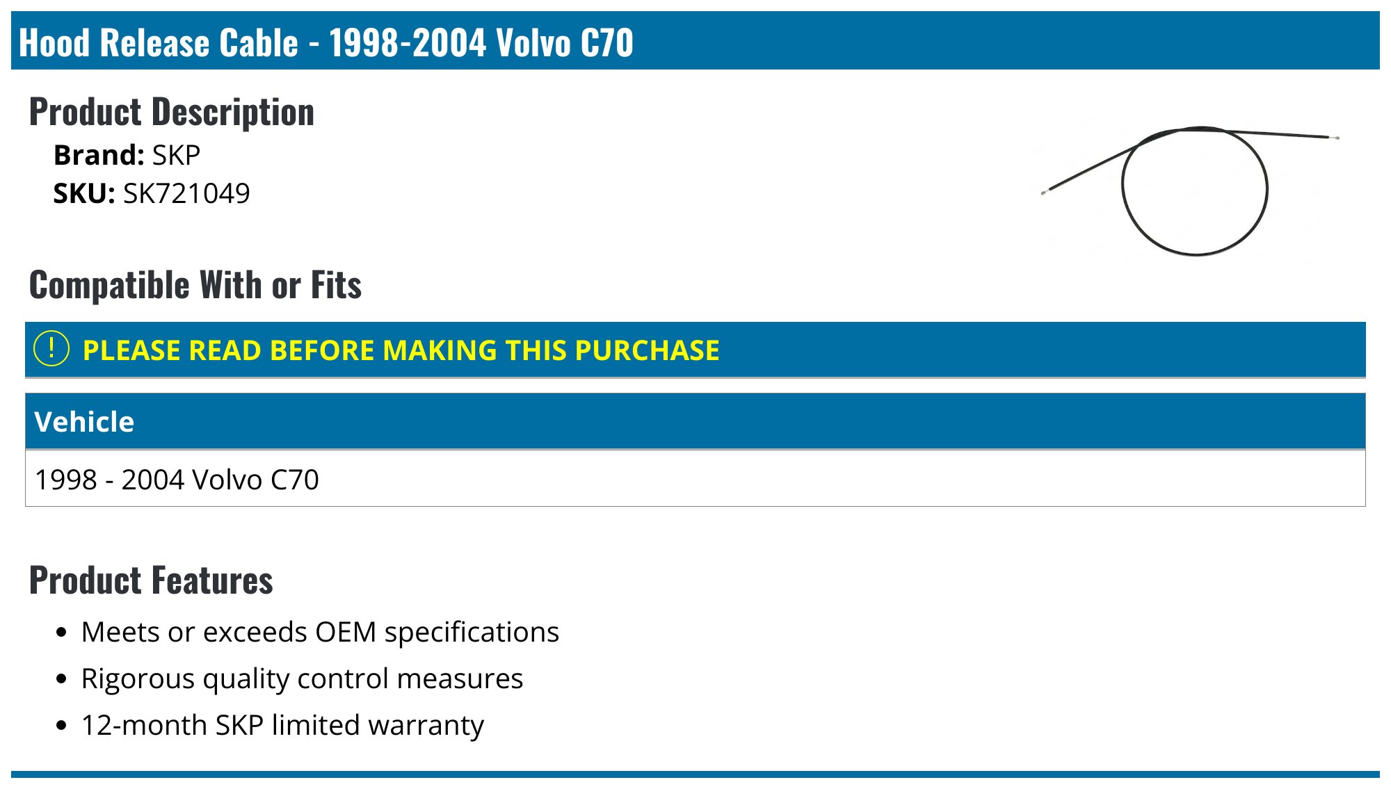 19982004 Volvo C70 Hood Release Cable SKP SK721049