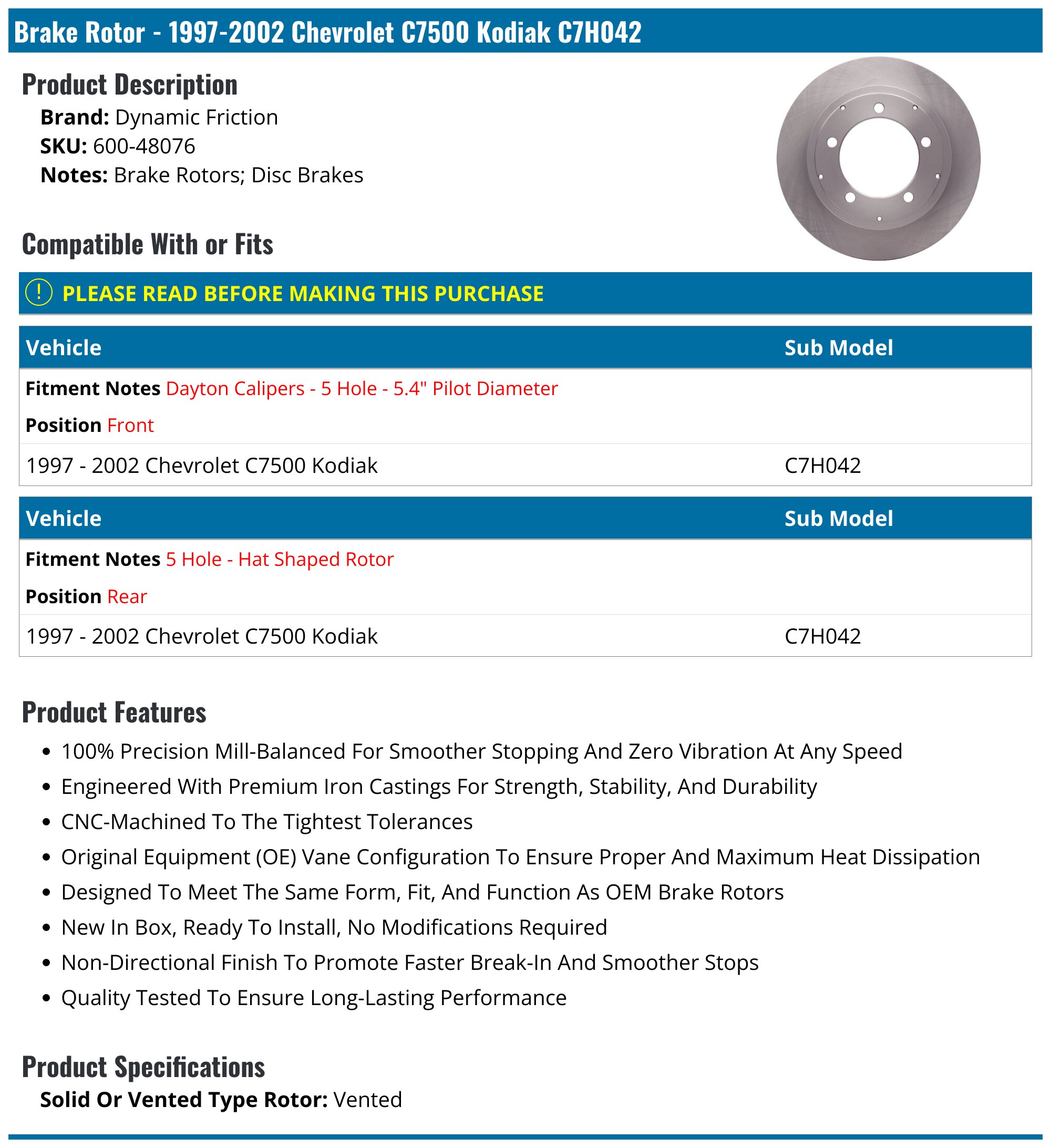 1997-2002 Chevrolet C7500 Kodiak Brake Rotor - Dynamic Friction 600 ...