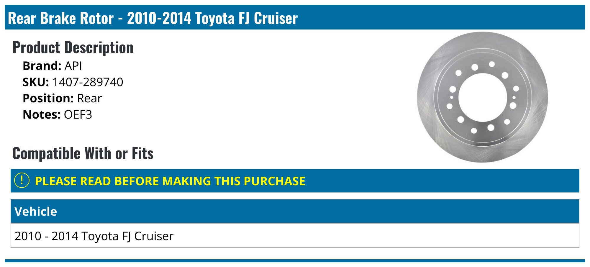 2010-2014 Toyota FJ Cruiser Brake Rotor API 95988-07475326