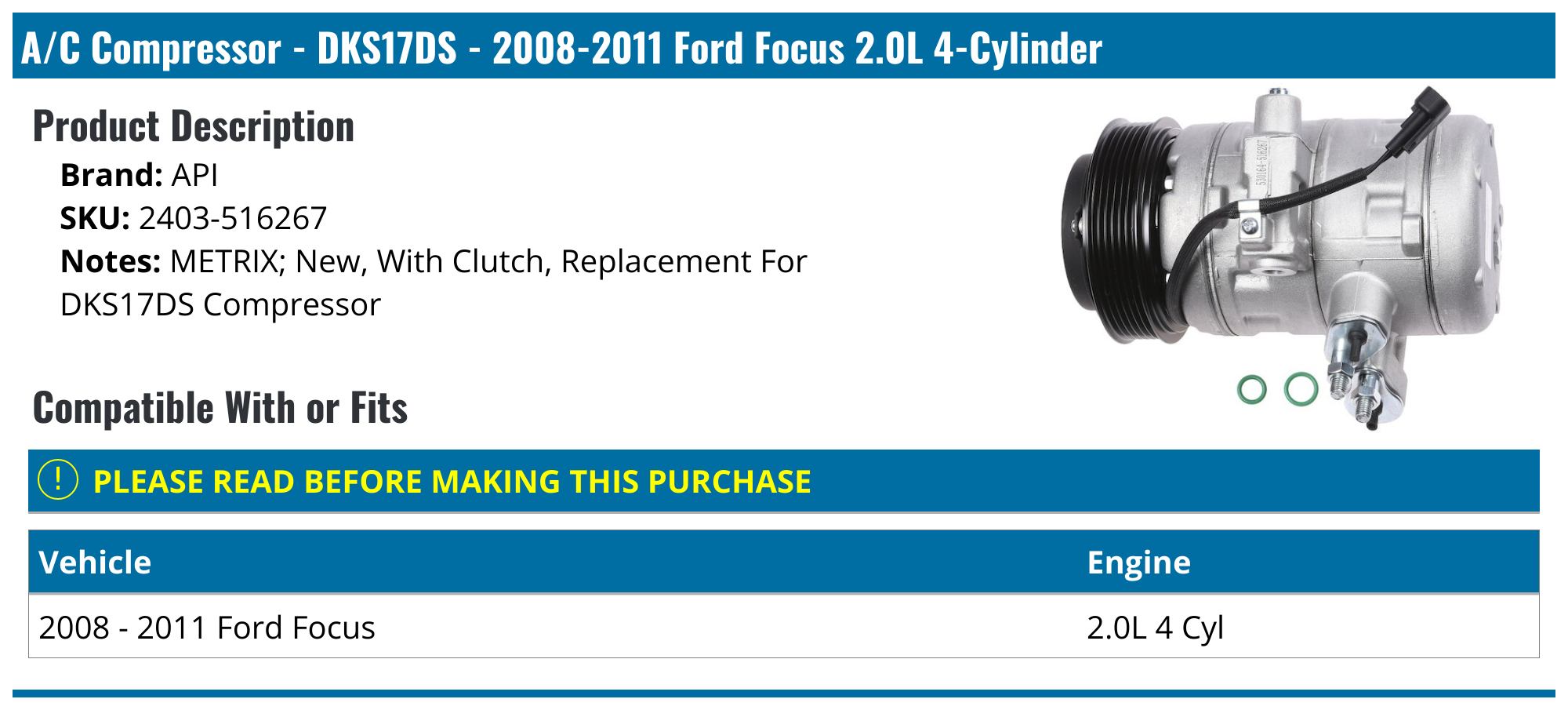 2008-2011 Ford Focus A/C Compressor - API 28812-02172976 - PartsGeek.com