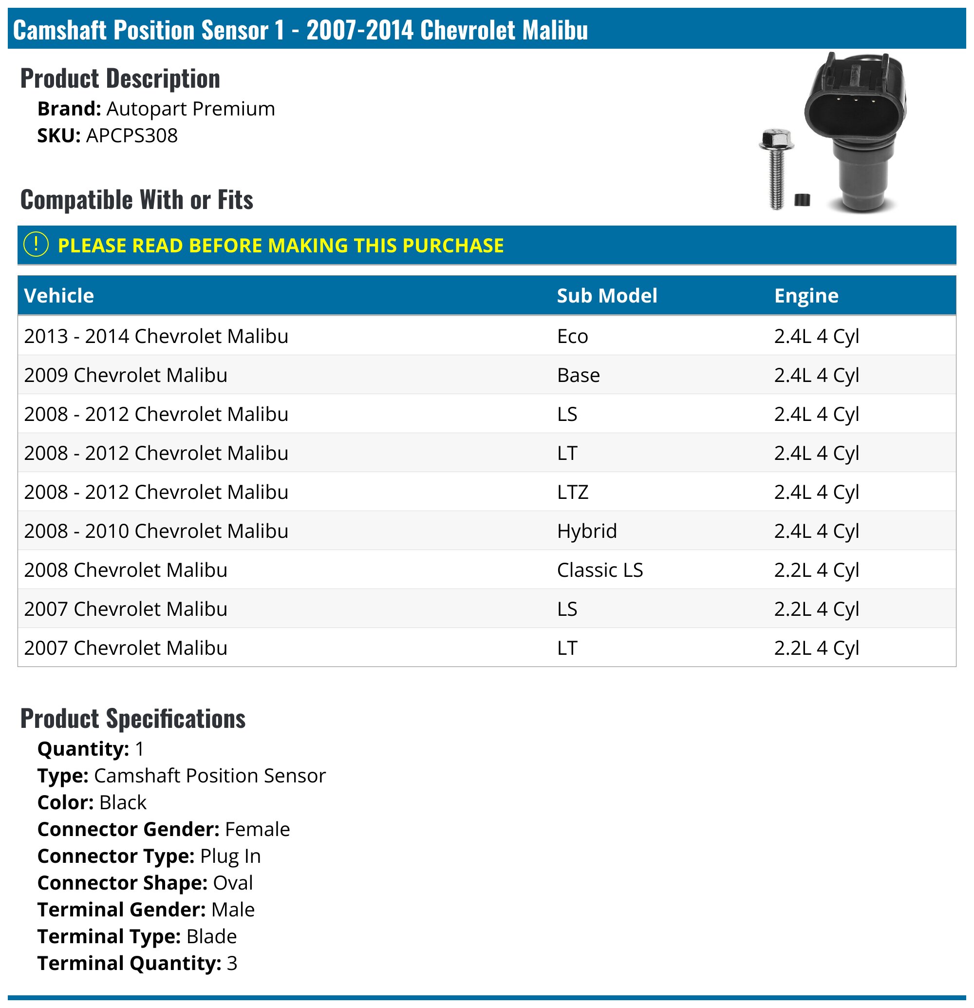 DNA Motoring Camshaft Position Sensor For 2006-2017 Buick Impala Malibu Saturn Saab – 12577245, 12674704