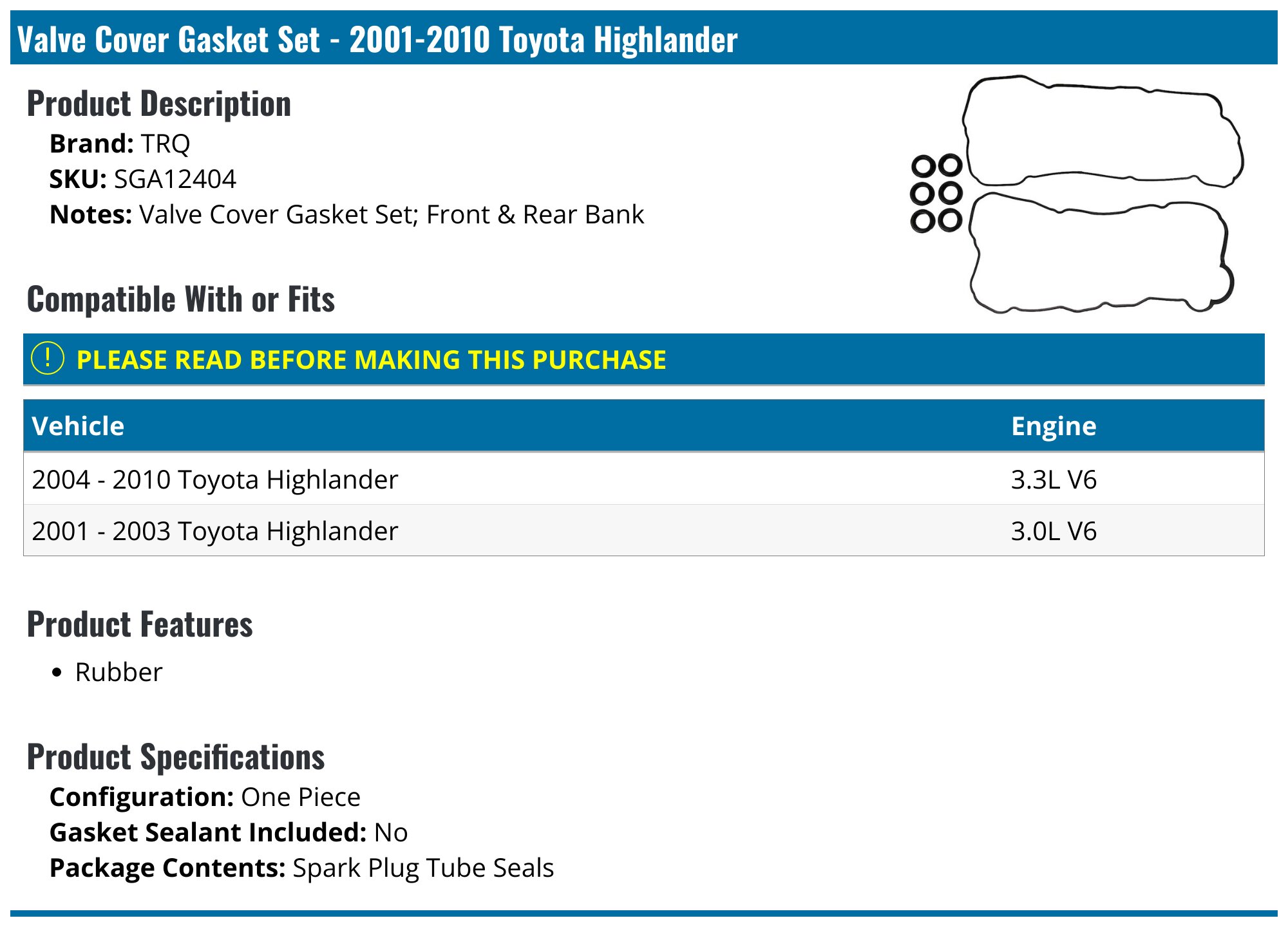 2001-2010 Toyota Highlander Valve Cover Gasket - Mahle W0133-2386308 2001-2010 Toyota Highlander Valve Cover Gasket - Mahle W0133-2386308