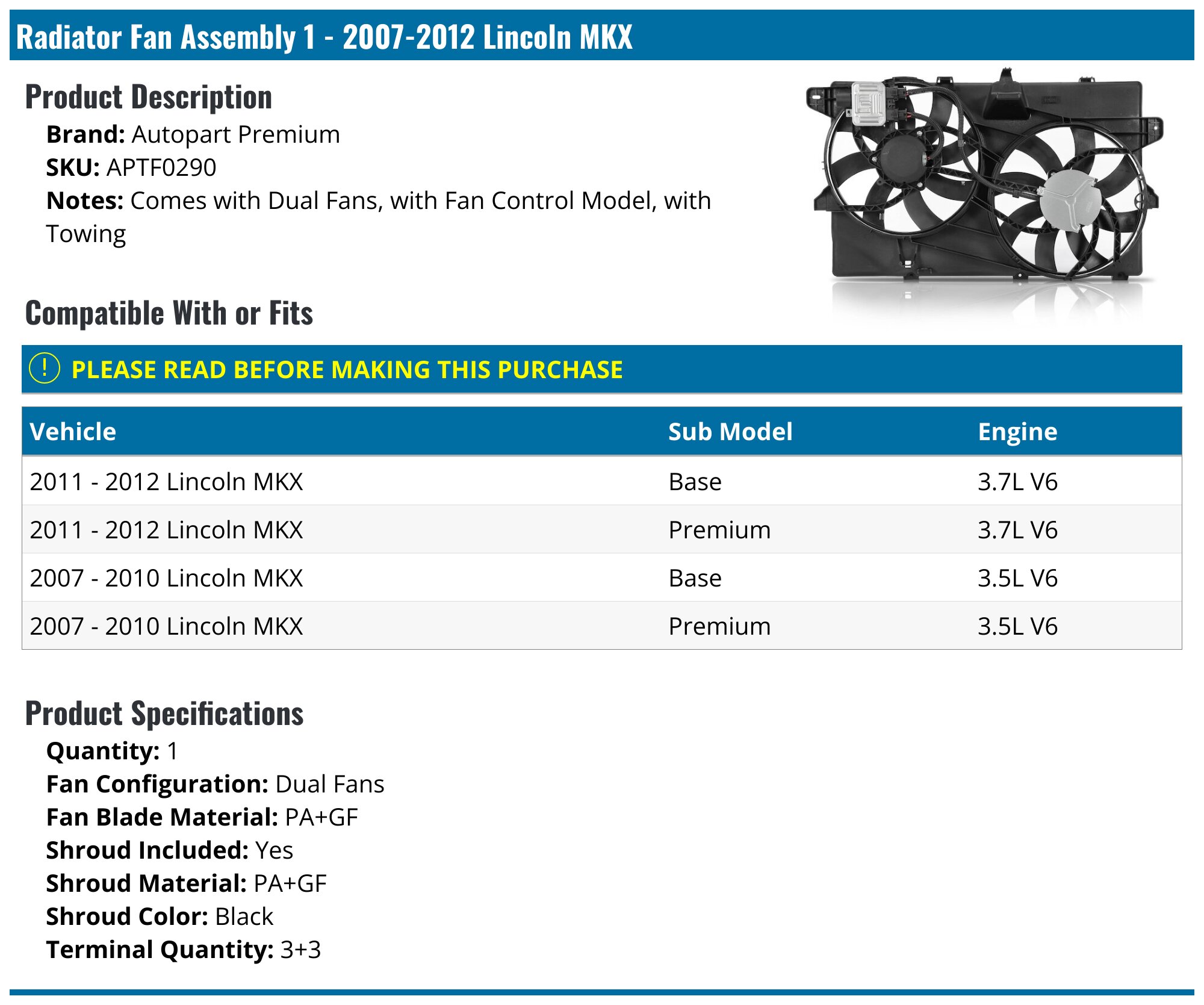 Radiator & AC Condenser Cooling Fan Assembly For Ford Edge Lincoln MKX 2007-2015 3.5L 3.7L