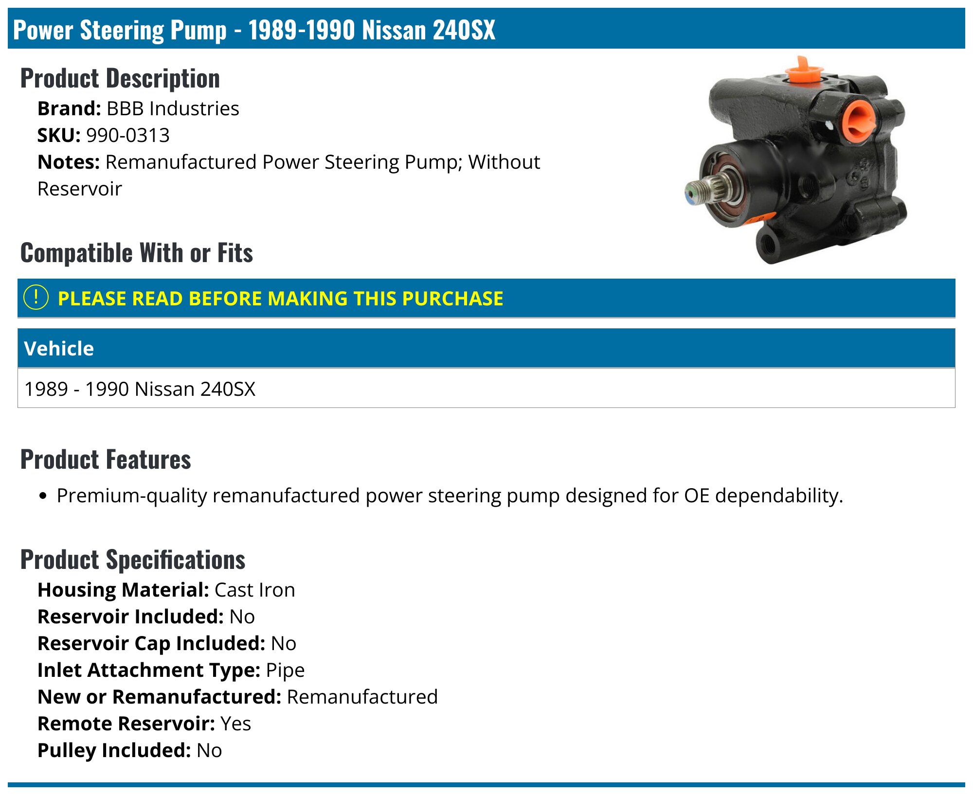 1989-1990 Nissan 240SX Power Steering Pump - BBB Industries 990