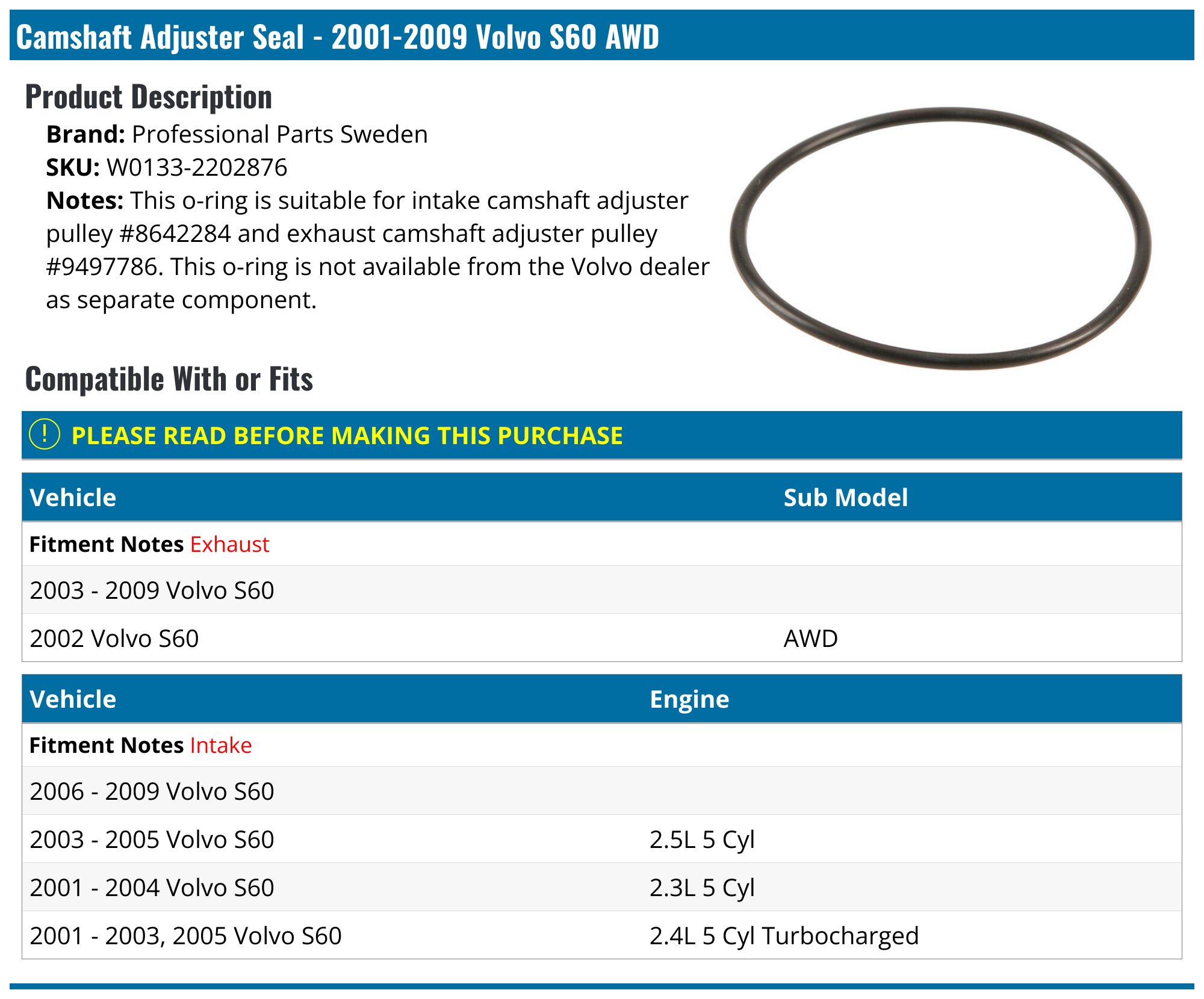2001-2009 Volvo S60 Camshaft Adjuster Seal - Professional Parts Sweden ...