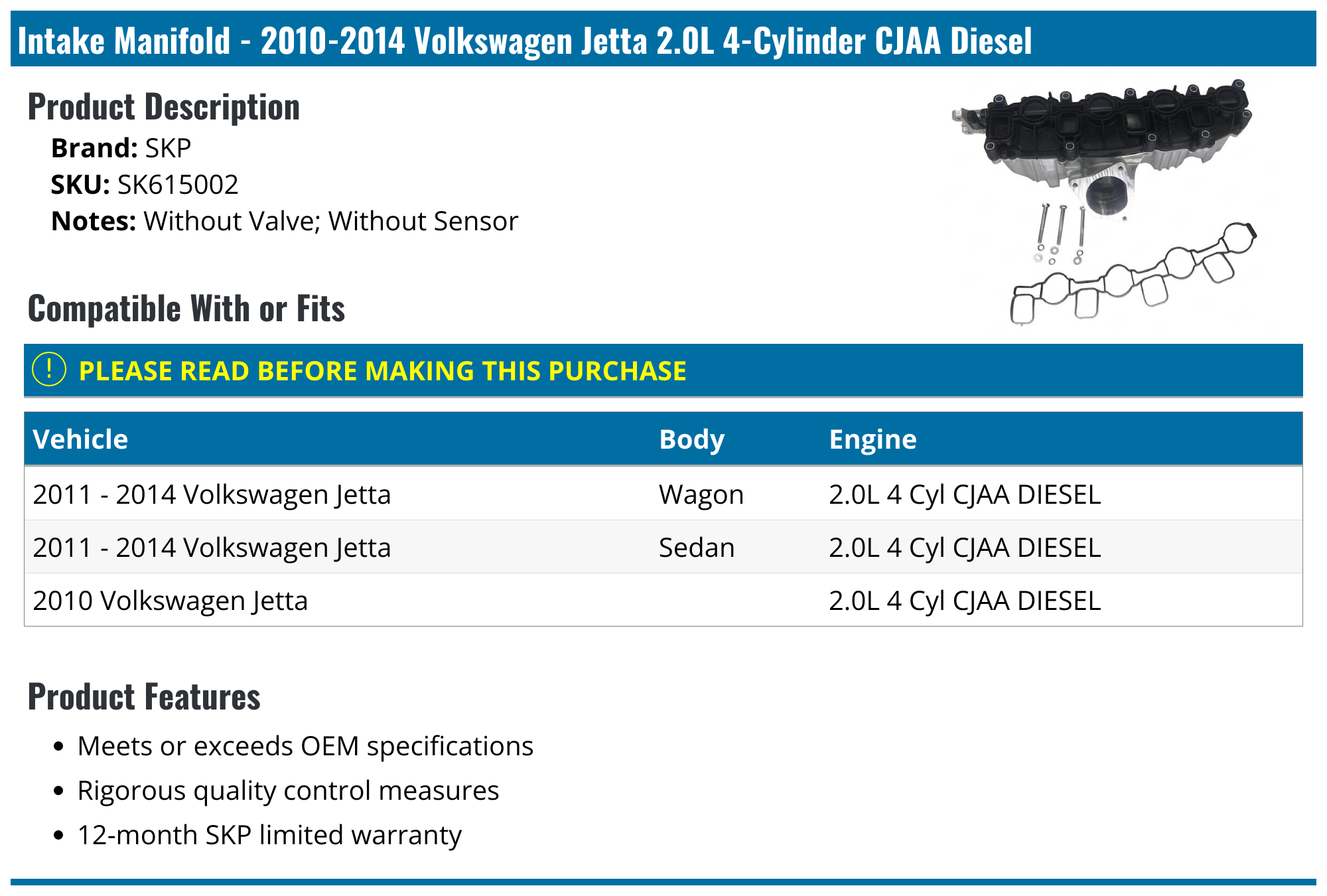 20102014 Volkswagen Jetta Intake Manifold SKP SK615002